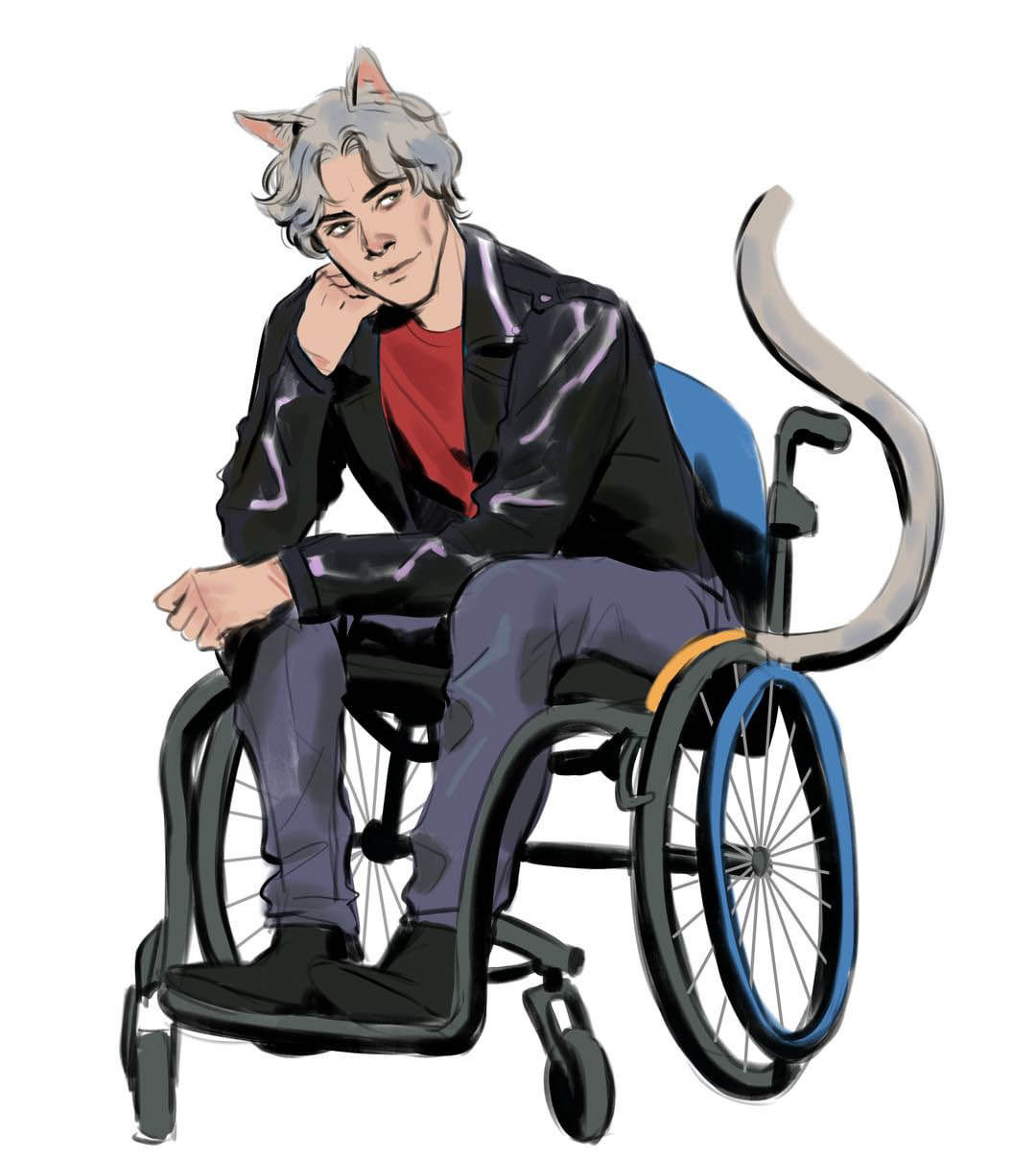 A drawing done by SherbertDay of Kaedan in his wheelchair, vibing.