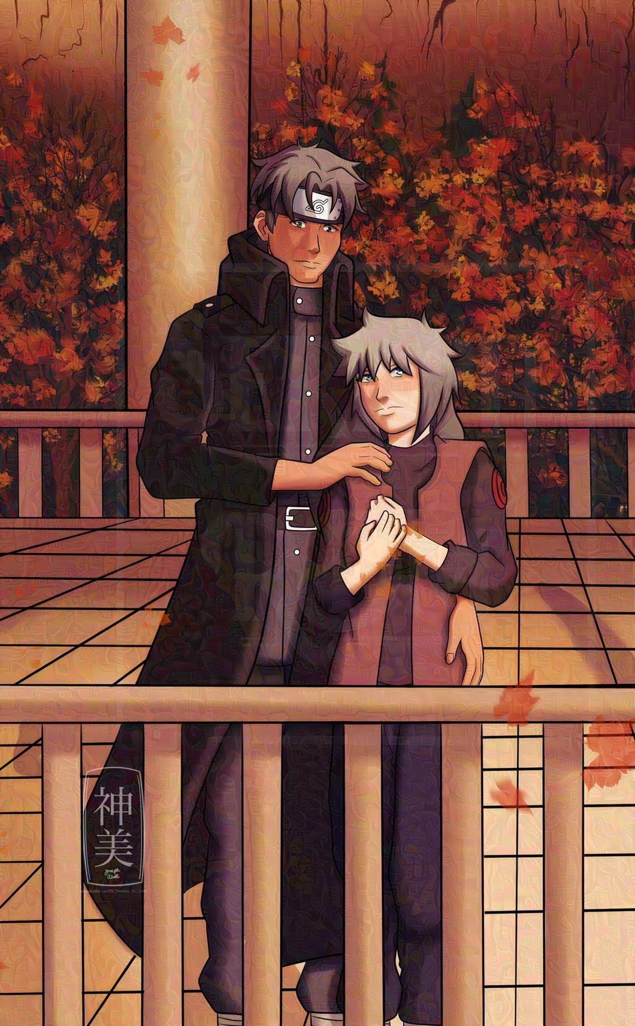 A drawing of Hiiragi comforting Tsukiya on top of the Hokage mansion, and Tsukiya is gazing into the distance with worry.