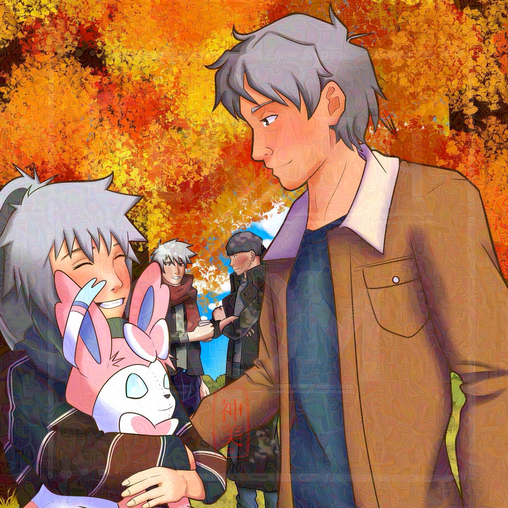 A drawing featuring Tsukiya and Hiiragi together, with Tsukiya hugging a plushie of Sylveon. In the background is Kakashi and Ibiki, both gazing at their children joyfully. 