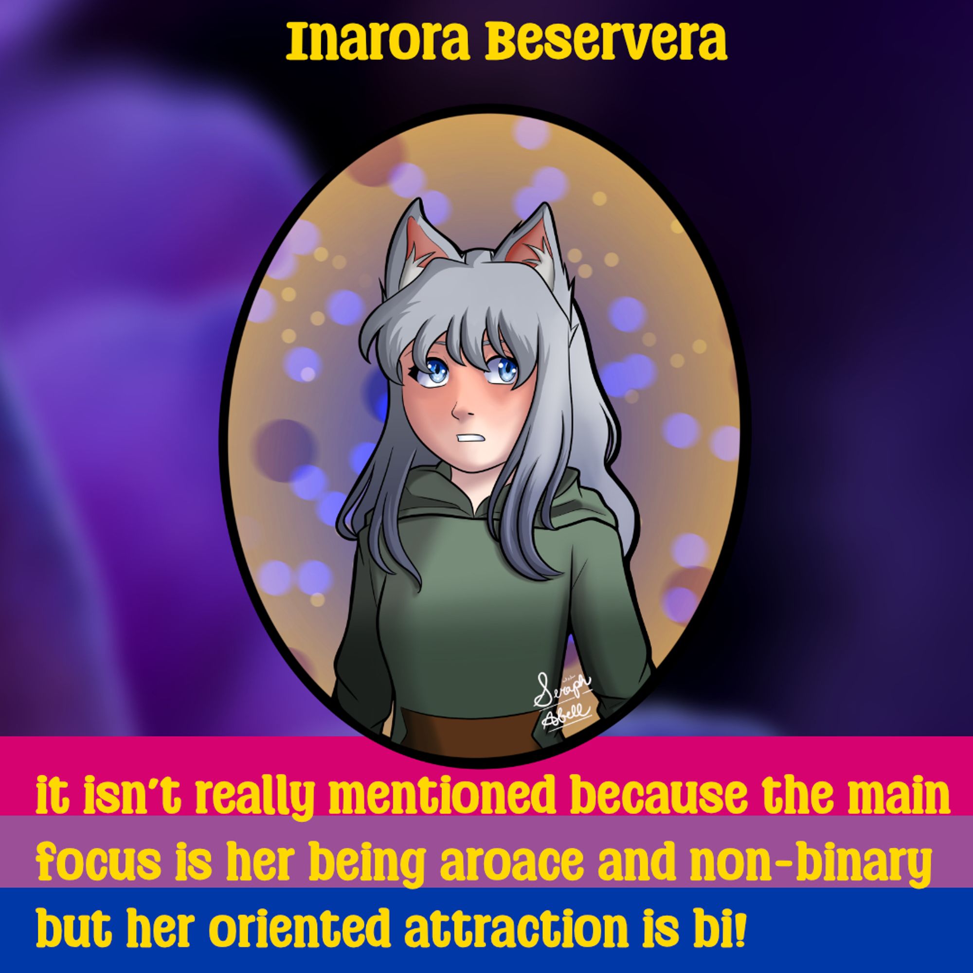 Inarora Beservera, featuring a portrait of her. It isn'treally mentioned because the main focus is her being aroace and non-binary but her oriented attraction is bi!