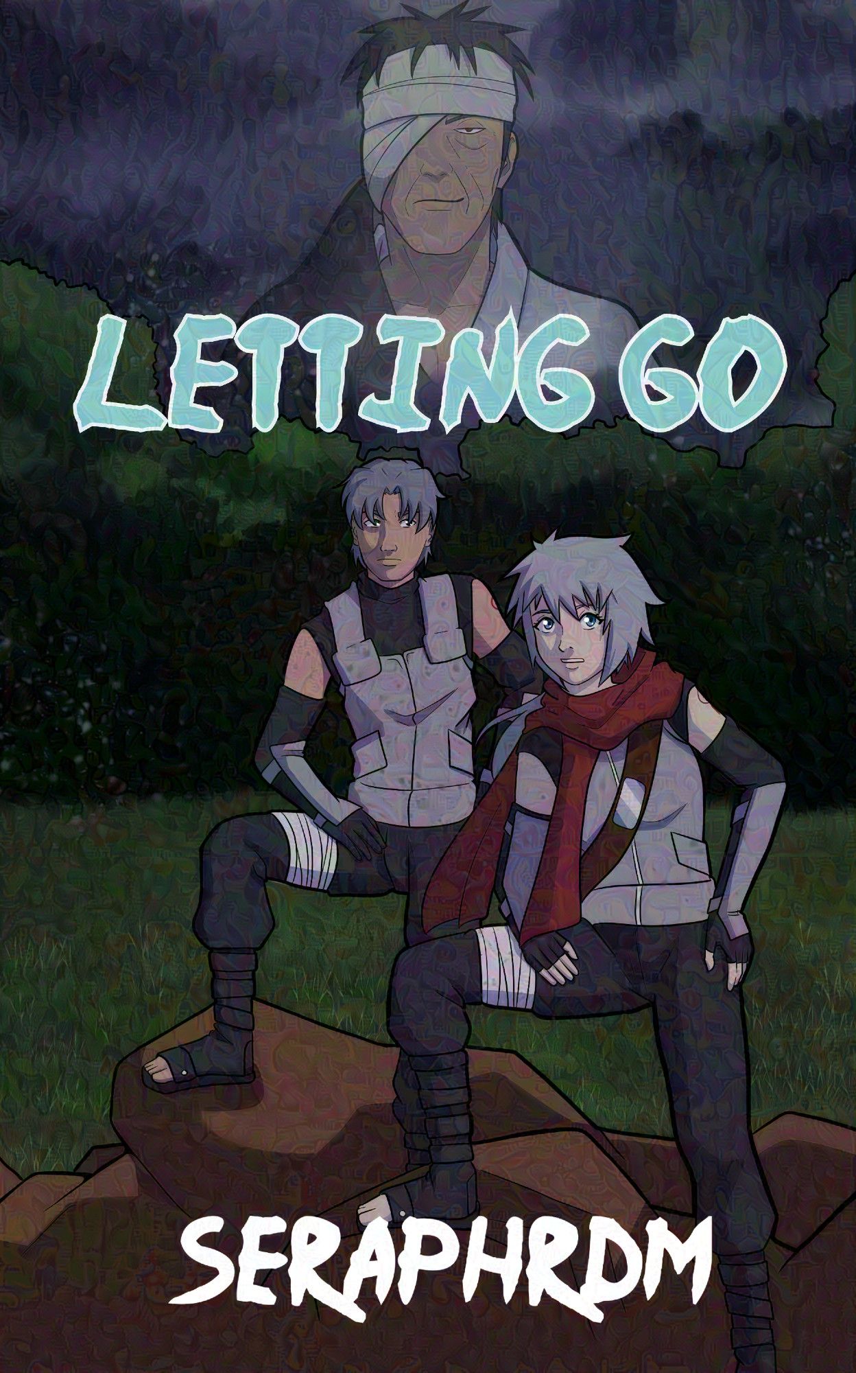 A cover for a Naruto fanfic called "Letting Go" featuring Hiiragi Morino and Tsukiya Hatake, with Danzō Shimura in the background.