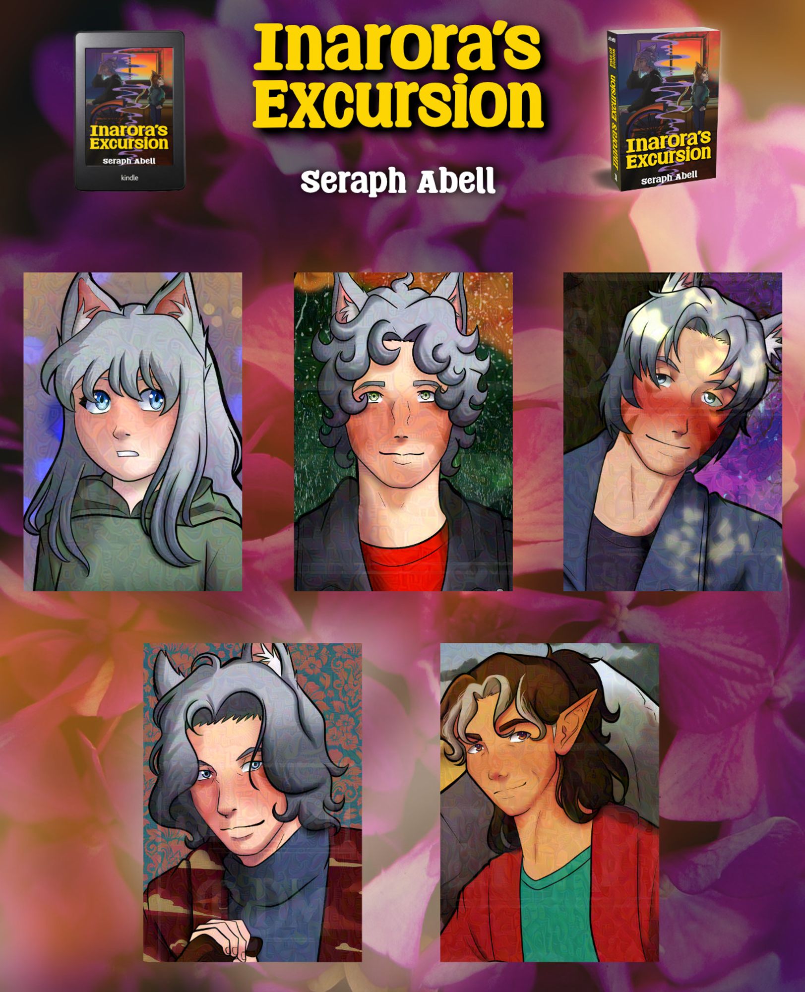 A graphic featuring the cast of Inarora's Excursion: Inarora, Kaedan, Byron, Lysander, and Seri. Seri is the only elf amongst four cat folk.