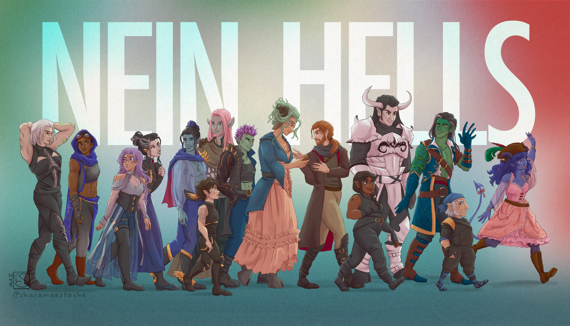 Fanart of Critical Role. It features the current members of both Mighty Nein and Bells Hells all walking forward towards a red glow in the distance. "NEIN HELLS" is in large white letters behind the group. The marching order has Jester leading the way, followed by Chetney, Fjord, Braius, Veth, Caleb, Fearne, Ashton, Caduceus, Orym, Dorian, Laudna, Imogen, Beau and Yasha bringing up the rear.