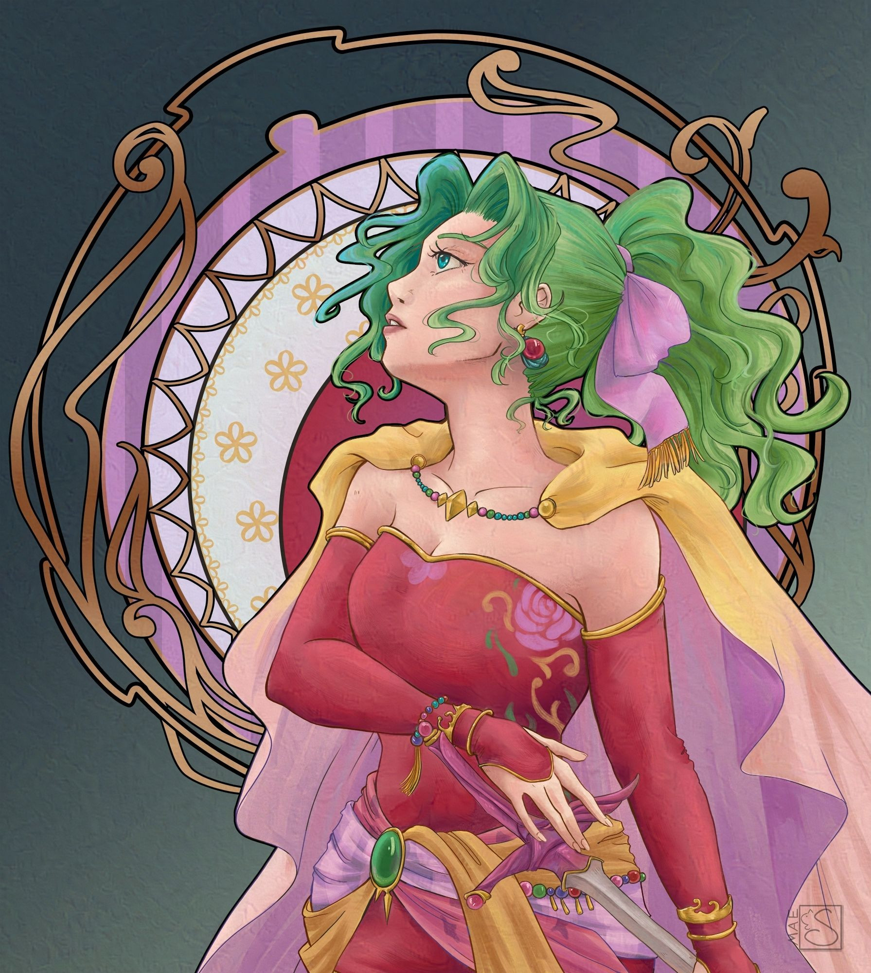 Fanart of Terra Branford from Final Fantasy 6. There is a goldern art nouveau inspired frame behind her featuring patterns that match her outfit. Her hair is green and she is looking up towards the top of the image as she reaches for her sword.