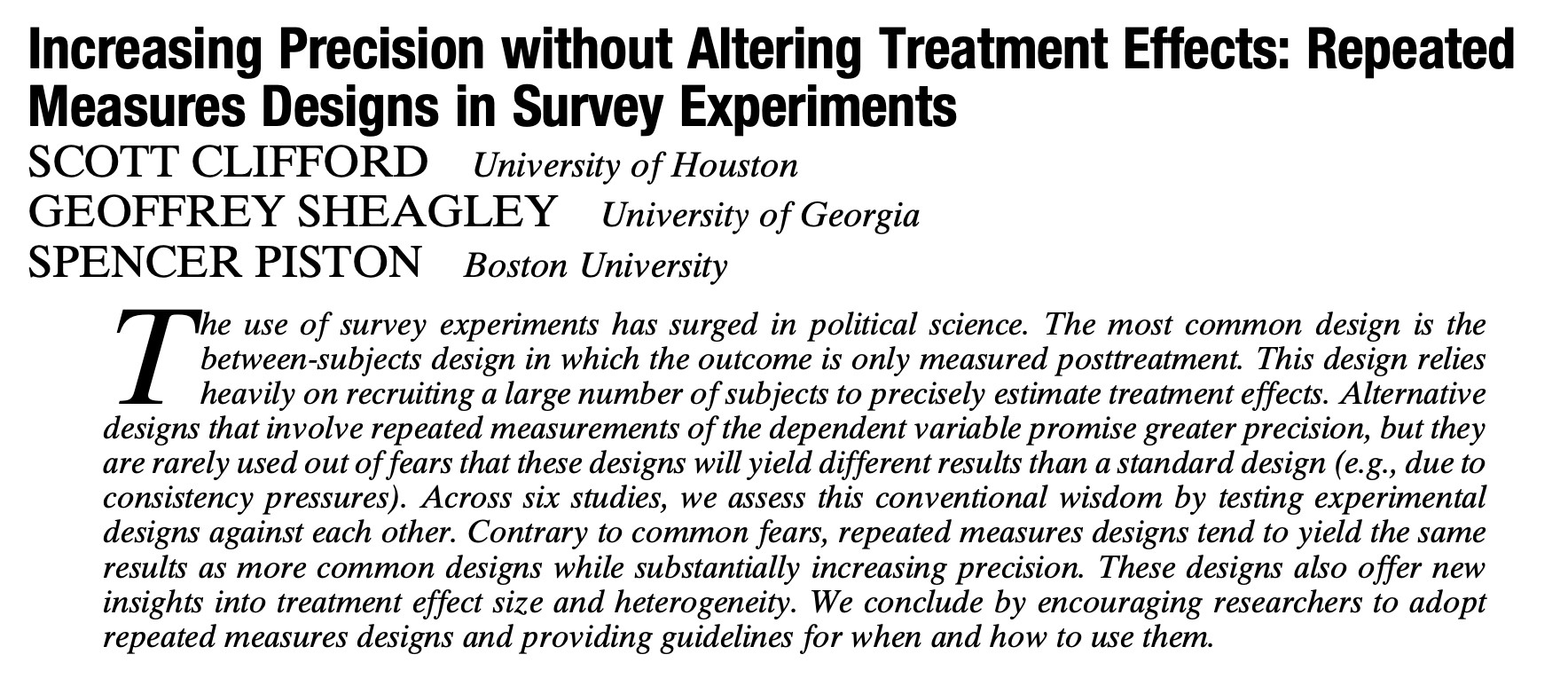 Screenshot of title and abstract for paper: Increasing Precision without Altering Treatment Effects: Repeated Measures Designs in Survey Experiments