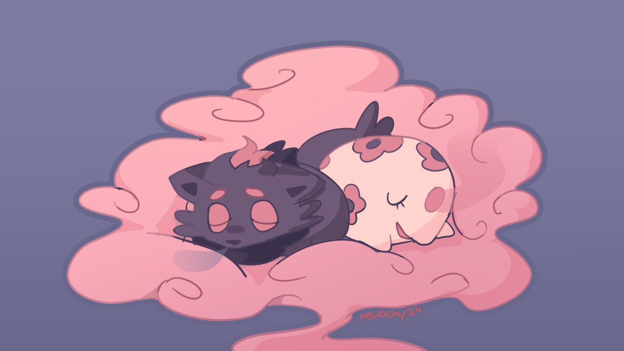 A drawing of a Munna and a Zorua sleeping on a pink cloud on top of a purple background.