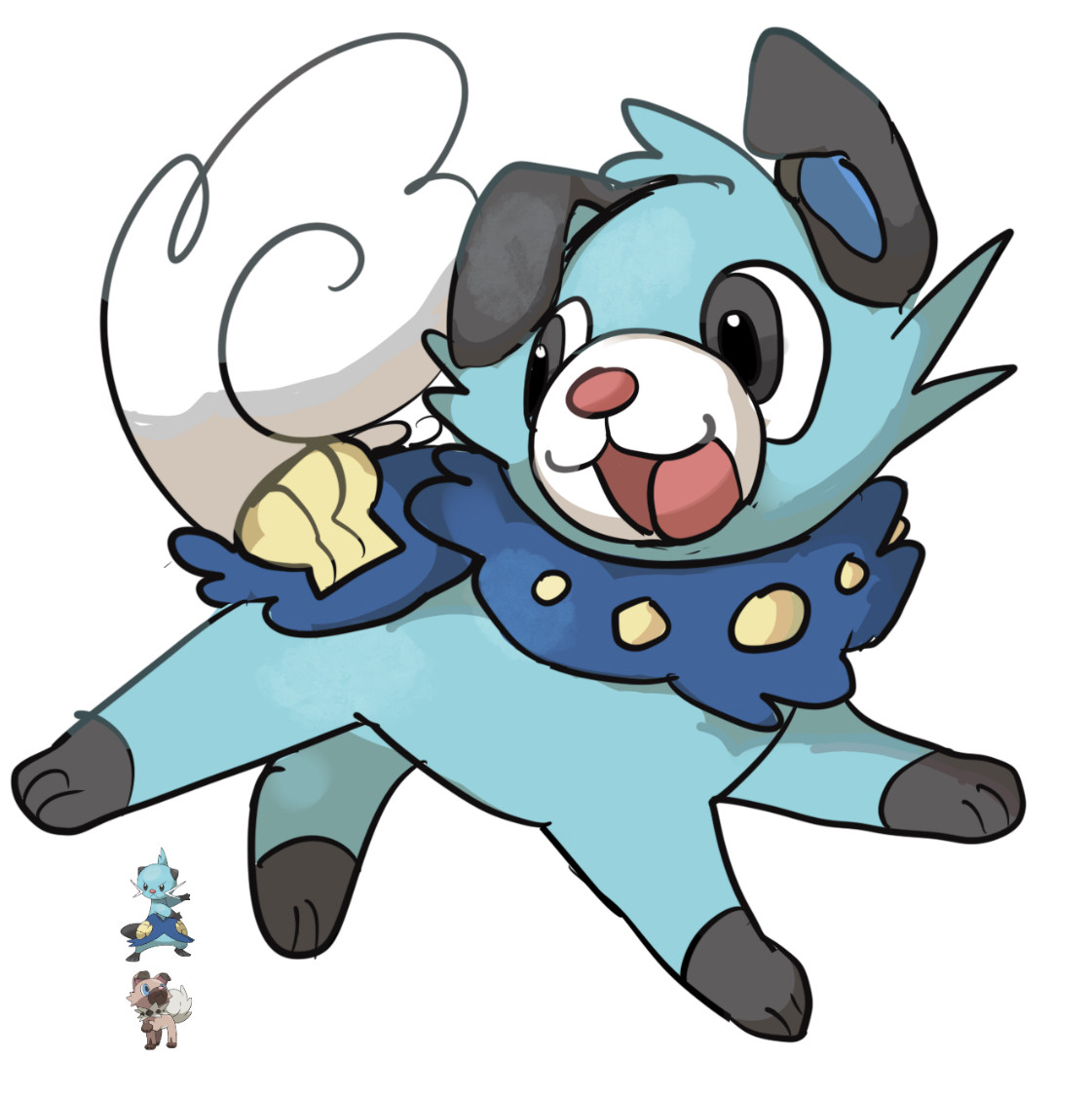 A Pokemon fusion between Rockruff and Dewott. It is a small little blue dog with a fluffy tail.