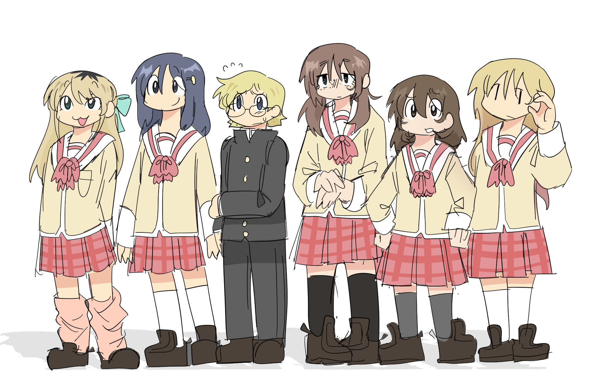 A drawing of 6 high school students lined next to each other.