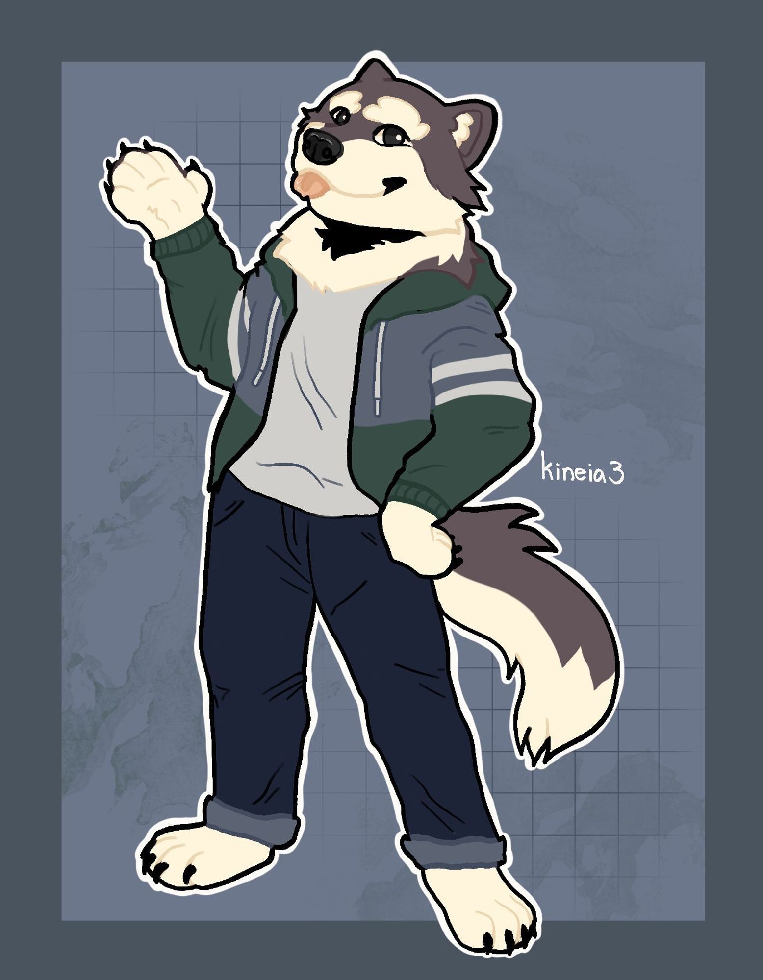 Anthro malamute with a green and blue jacket and dark blue pants