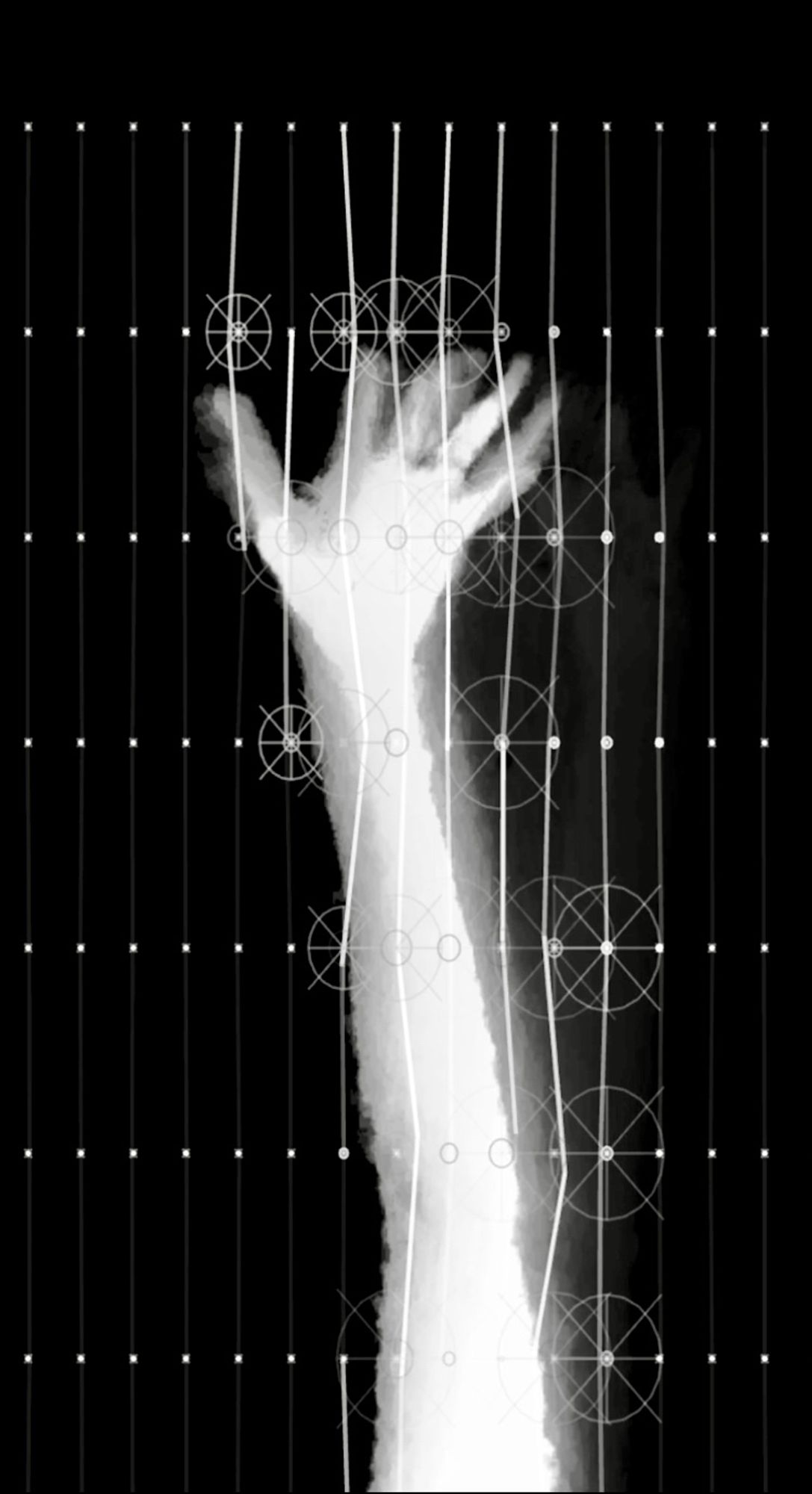 Generative artwork image captured from Alida Sun’s interactive audiovisual installation - a spectral hand & arm illuminate & activate a geometric MIDI instrument made from code 