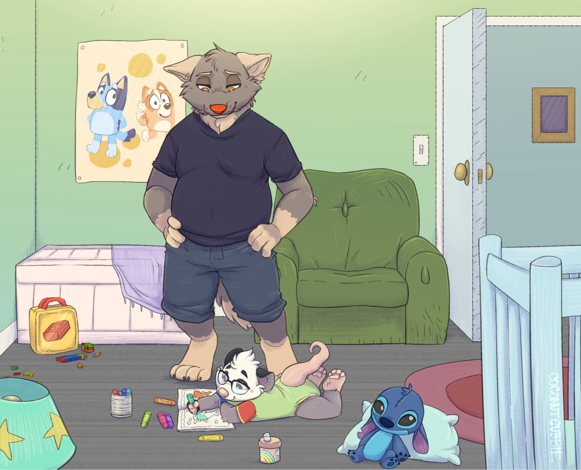 A daddy fur looks sweetly down at his little fur as they do some colouring in