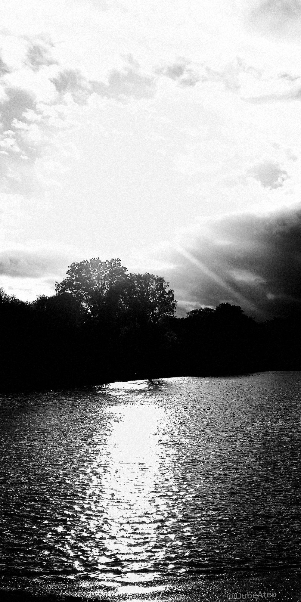 Ein Schwarz-Weißfoto über ruhiges Wasser. Am Ufer gegenüber stehen Bäume. Aus einem Loch in den Wolken scheint Sonne hindurch, die besonders grell wirkt, weil direkt in ihre Richtung fotografiert wurde 