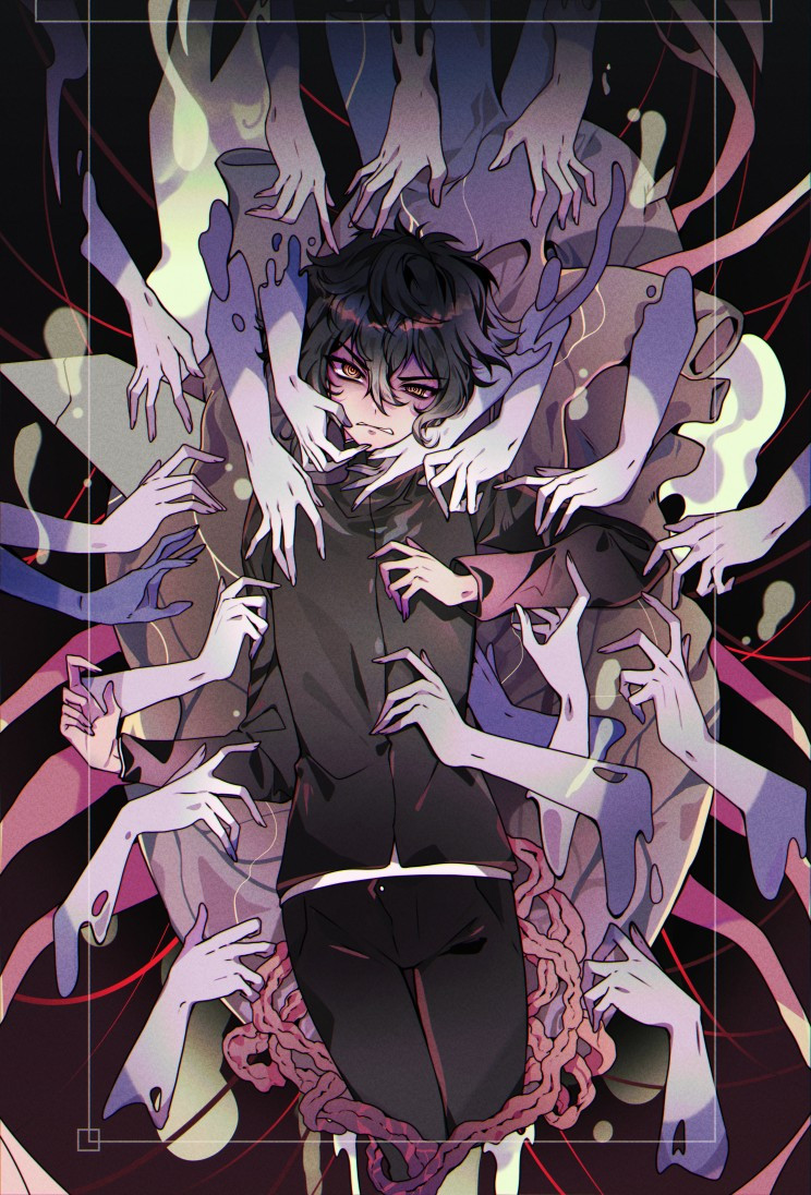 Redraw of my art from 2016, my OC surrounded by multiple hands