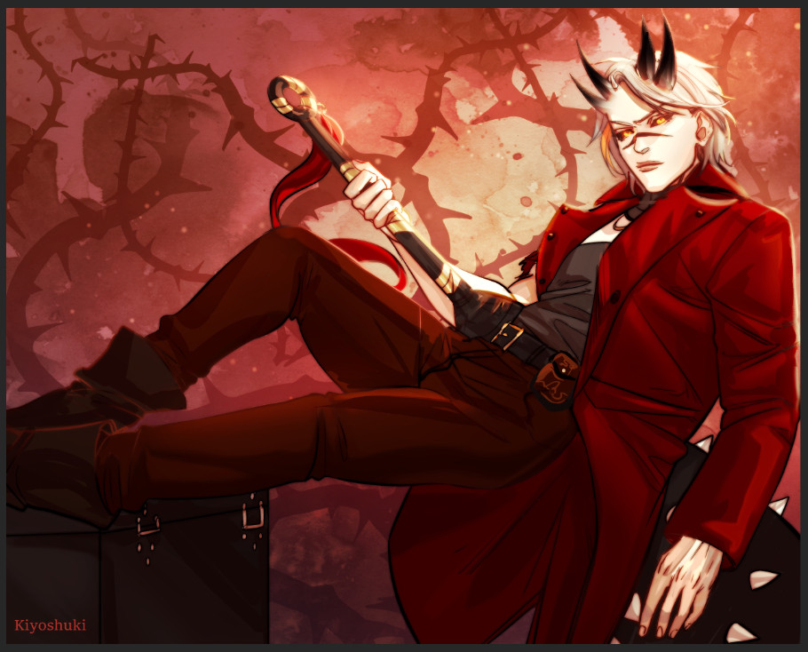 Briar the hexblood battle master fighter.

A man with white skin and 4 black horns. He is wearing a red jacket and lounging . 