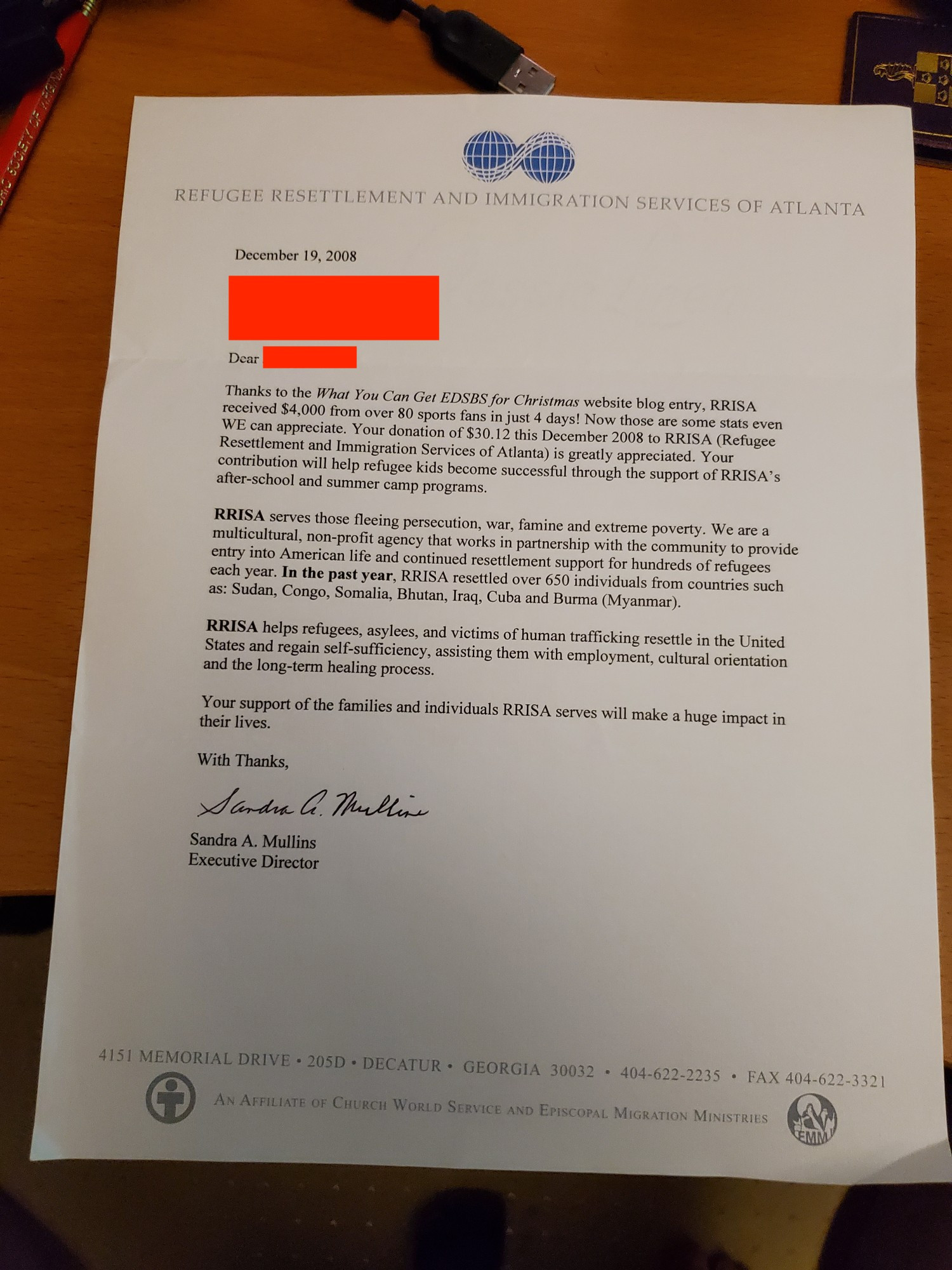 Thank you letter from donating $30.12 to Refugee Resettlement and Immigration Services of Atlanta, inspired by "the What You Can Get EDSBS for Christmas blog entry", in December 2008. A total of $4,000 was received from over 80 donors. The #CharitibundiBowl has gotten slightly bigger since.