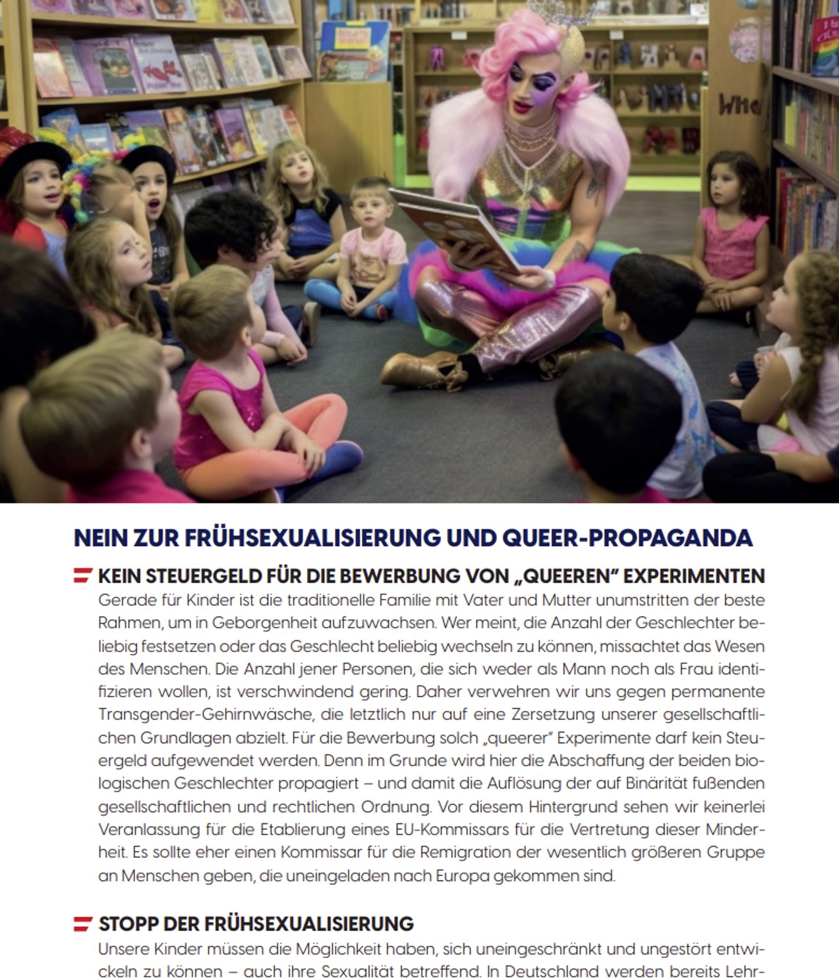 An excerpt from the 2024 election platform of the far-right-wing Freiheitliche Partei Österreichs, which is almost an exact parallel of U.S. right-wing rhetoric about "drag queen story hour" and the "grooming" of children