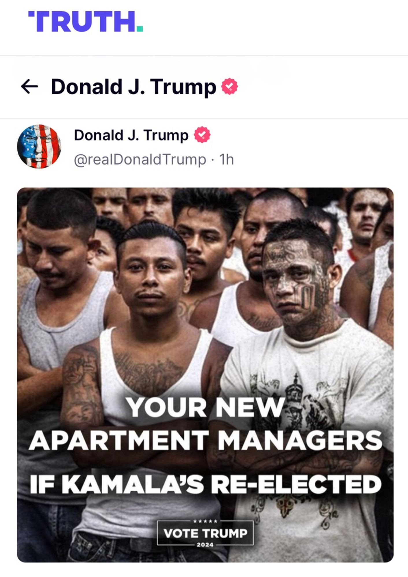 An extremely racism Truth Social post where Donald Trump implies a Harris presidency will put Latino gang members in positions of power