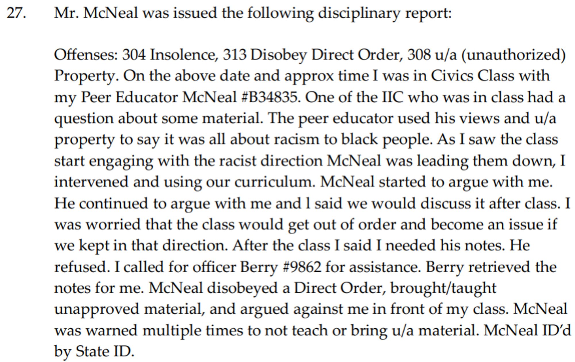 Excerpt of the complaint in McNeal v. Tucker, 3:24cv610 (S.D.Illl. filed Feb. 29, 2024) showing the disciplinary report the prison filed against McNeal