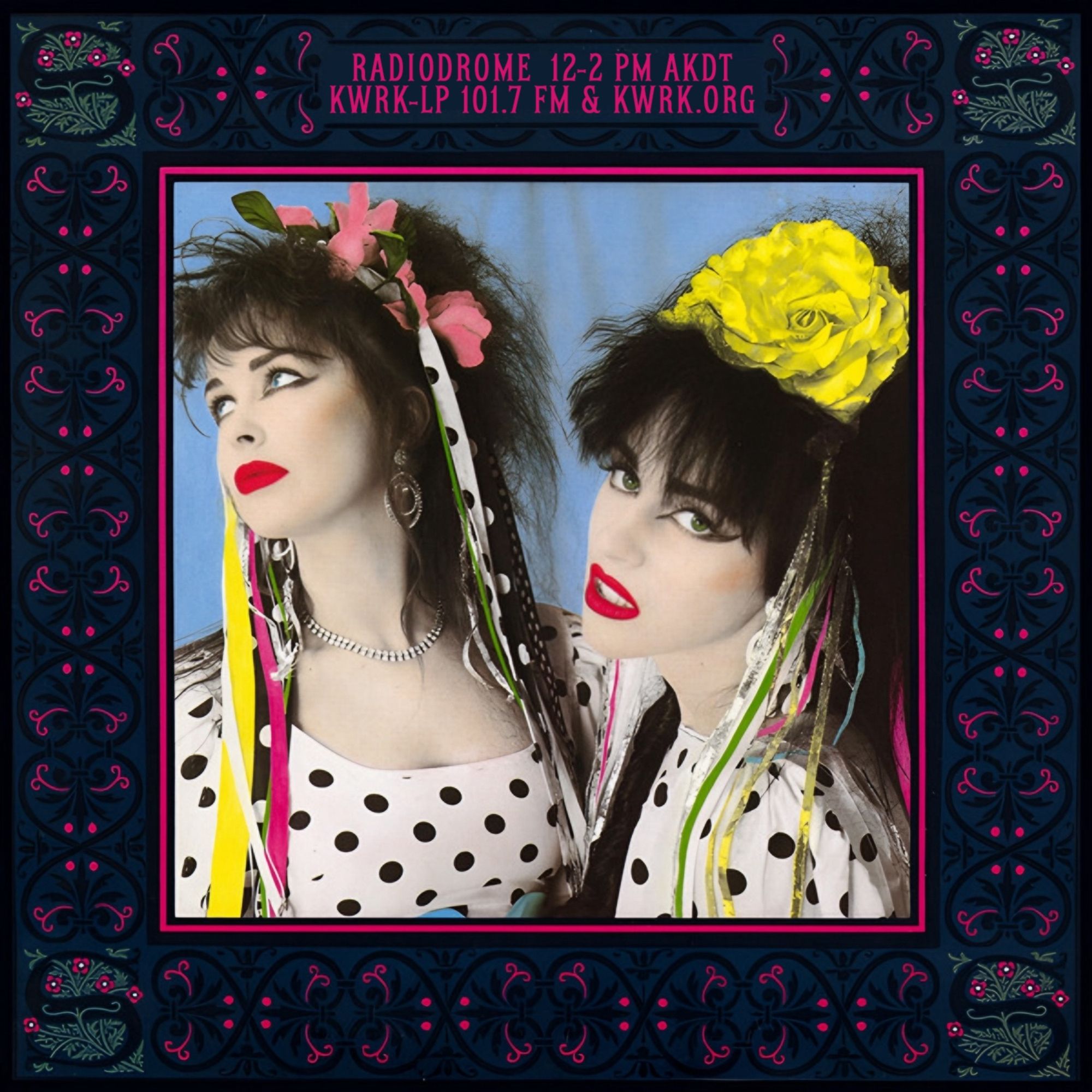 The cover of the eponymous album Strawberry Switchblade, featuring two women wearing white shirts with black polka dots and very 80s hair.