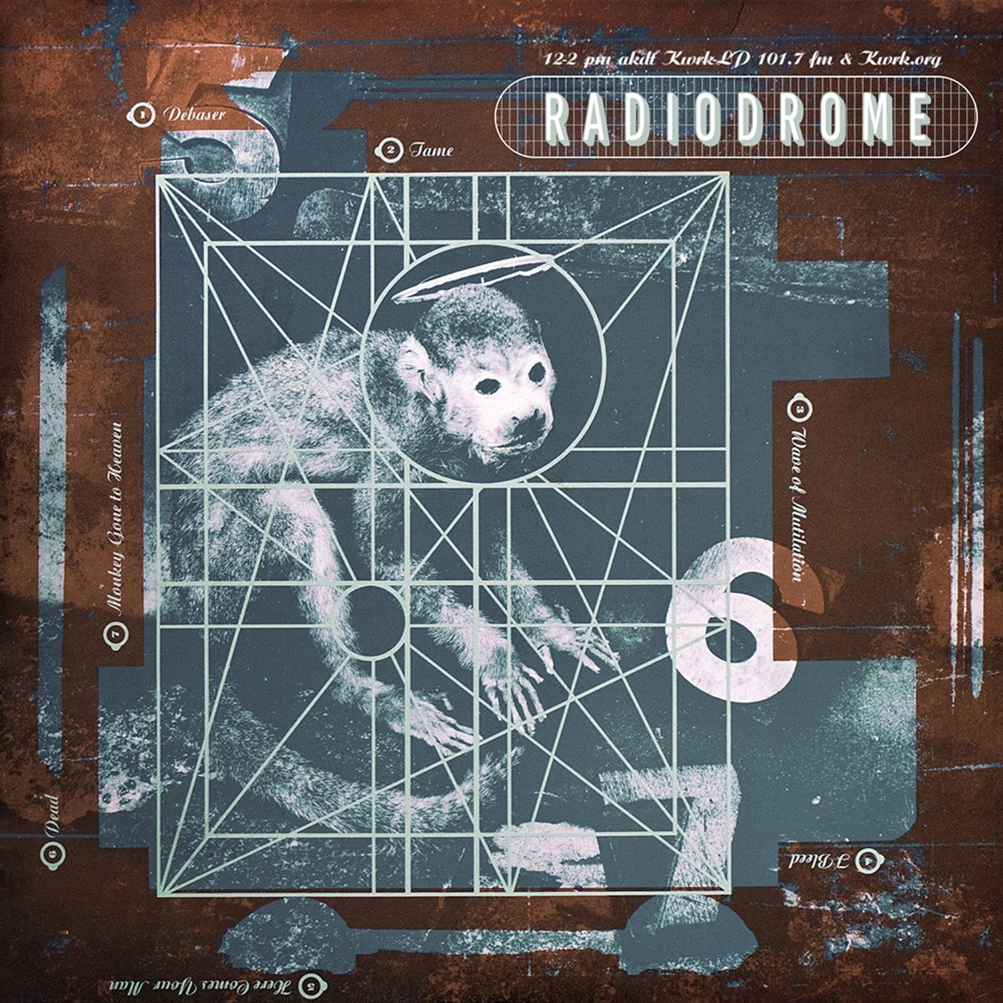 A modified version of the LP cover of the Pixies album “Doolittle”, which features a collage of a small primate in white on a blue-green patina colored collage over a coppery brown background. The name of the band has been replaced with “RADIODROME” in the upper right corner.