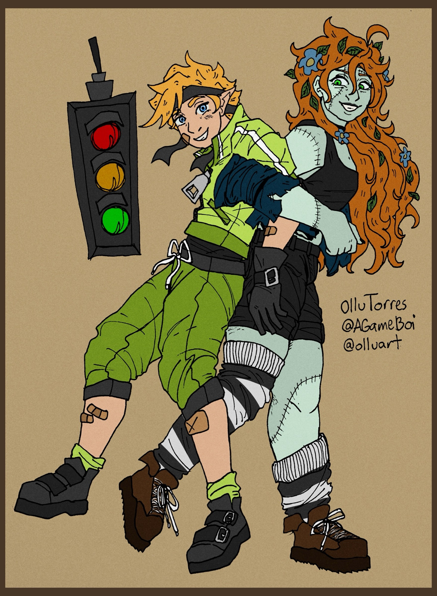 artwork of InTheLittleWood (Martyn) and ZombieCleo (Cleo)'s minecraft characters from the 'Life Series'. Cleo and Martyn's arms are interlocked with each others and their backs are pressed together, Martyn is lifted up slightly from the ground. there is an image of a traffic light to the left of their bodies. 