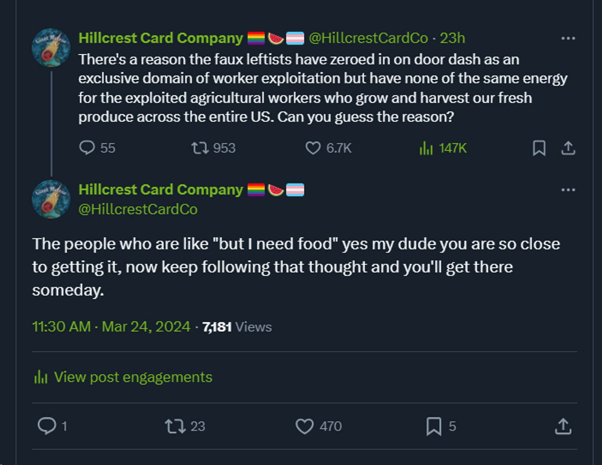 Screenshot of a tweet: 

There's a reason the faux leftists have zeroed in on door dash as an exclusive domain of worker exploitation but have none of the same energy for the exploited agricultural workers who grow and harvest our fresh produce across the entire US. Can you guess the reason?

The people who are like "but I need food" yes my dude you are so close to getting it, now keep following that thought and you'll get there someday.