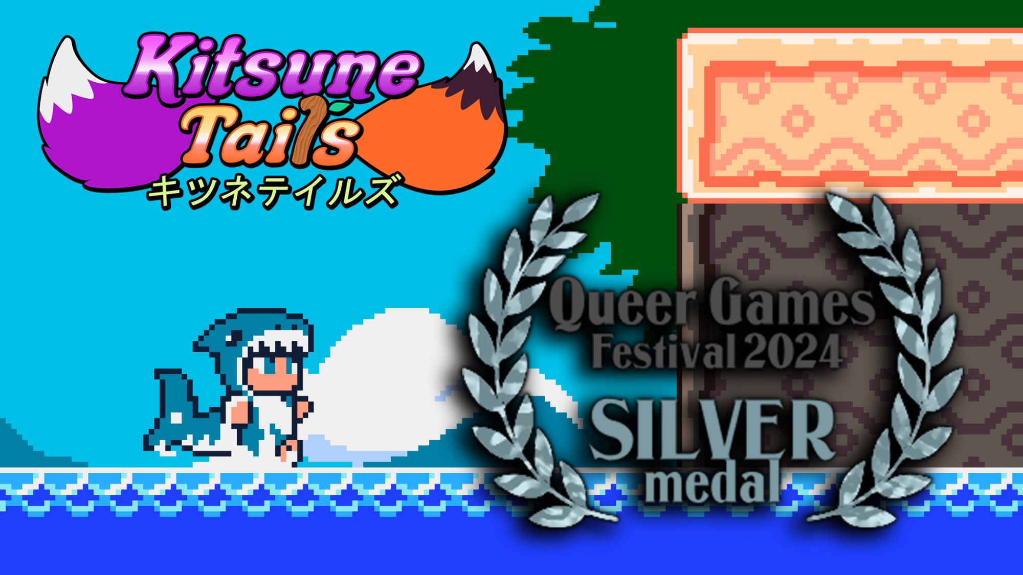 Yuzu Kitsune Tails in a shark onesie dashing across the water surface. Next to her is the silver award emblem for the Queer Games Festival 2024, above her is the Kitsune Tails logo