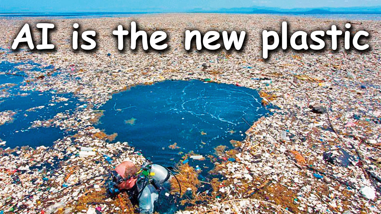 the Great Pacific garbage patch, with "AI is the new plastic" written on it. the font is comic sans, to emphasize how clownshoes that statement is when framed as somehow positive