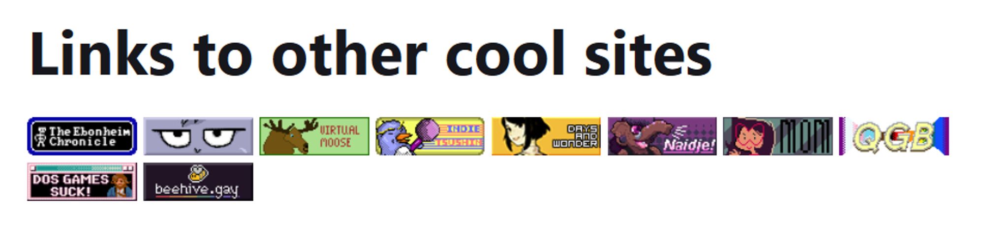 "Links to other cool sites" with a bunch of 88x31 buttons below it linking to other cool sites