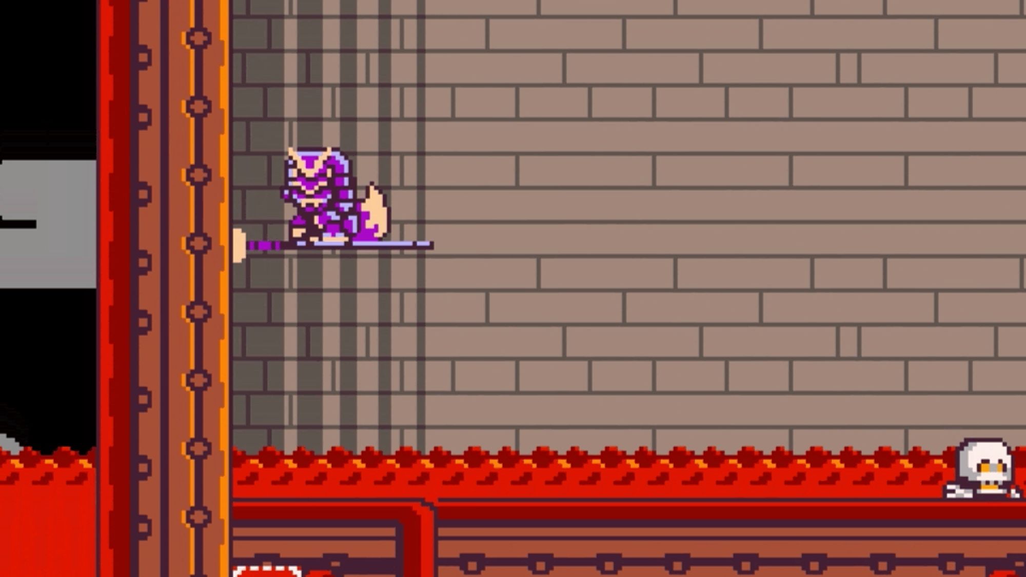 yuzu kitsune tails is in a tower rapidly filling up with lava. she boops on a skeleton and picks up a suit of armor, transforming her into a spear wielding purple samurai. she sticks the spear in the wall and twirls up it.