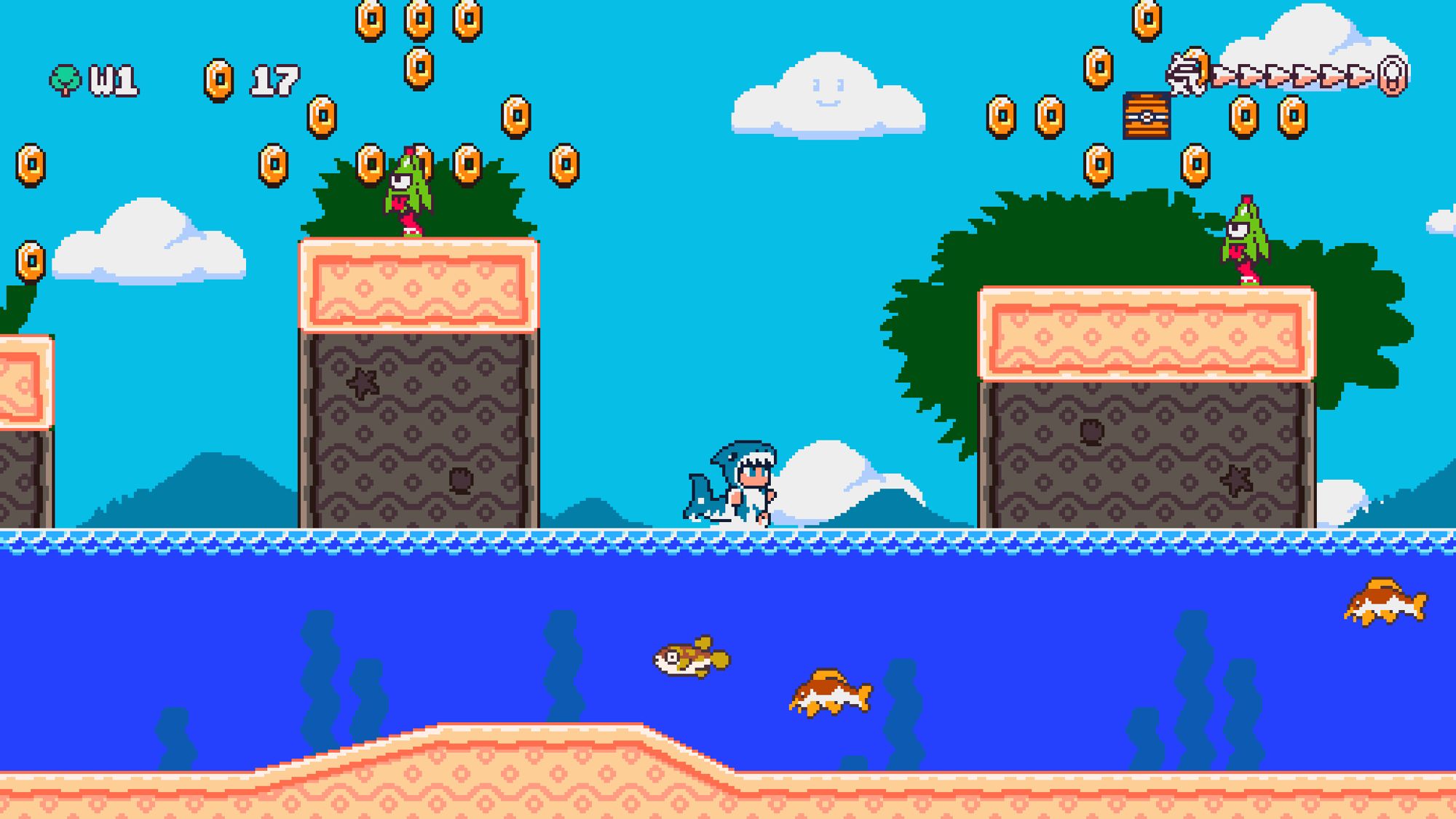 yuzu kitsune tails in a shark onesie running across the water in a tropical island setting