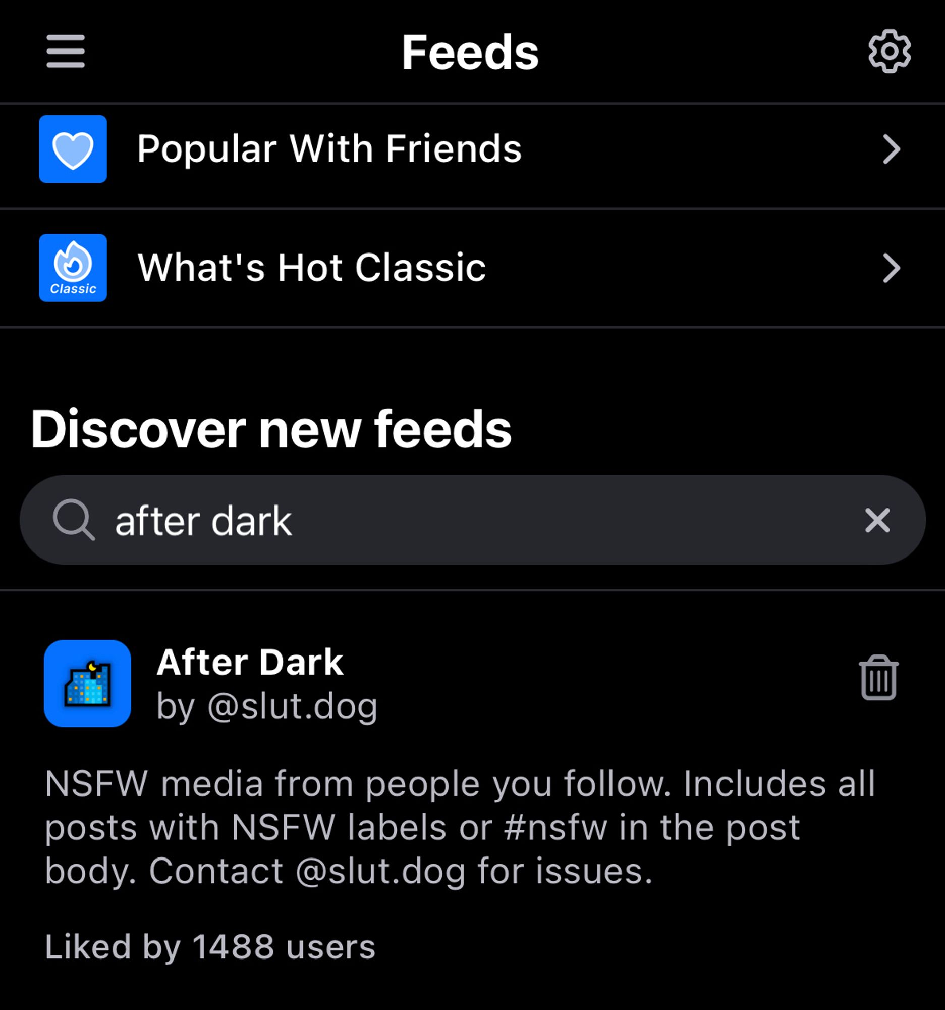 Screenshot of the Bluesky After Dark feed