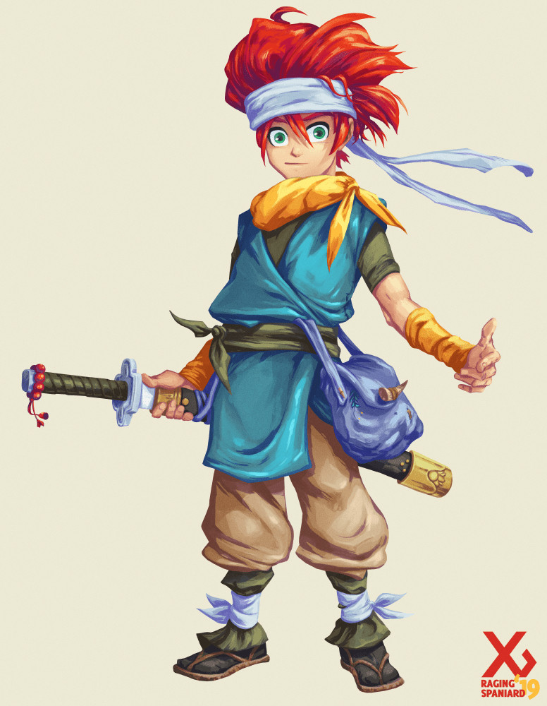 Crono, posing with his trademark katana and smiling. He looks a bit more boyish than in the Toriyama design and overall looks like a less polished samurai in training with wilder hair. Hes a samurai fanboy that lives in the sticks with his mom so I wanted to make him look a bit less polished than his original design