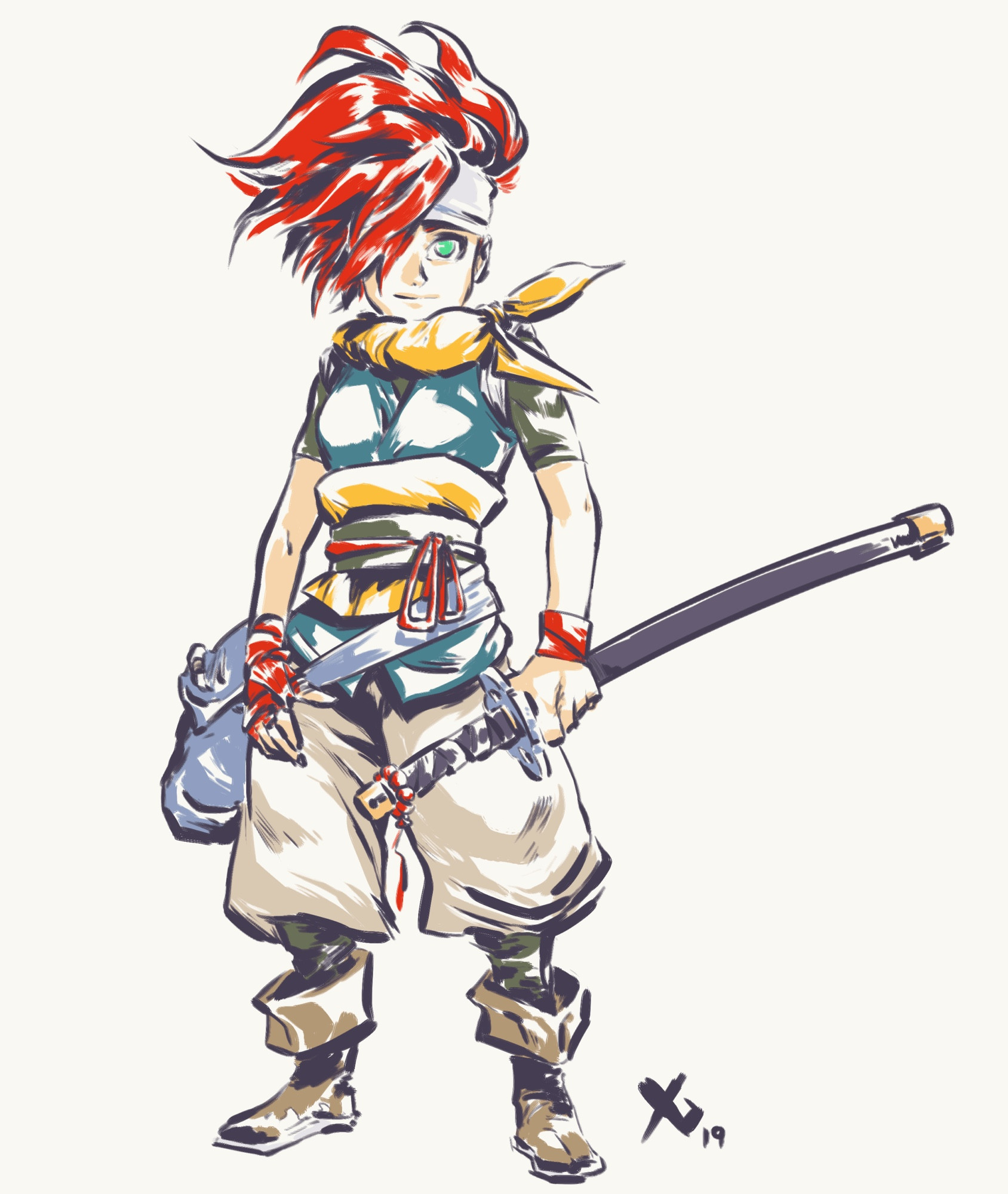 Crono, but now in female form. I really wanted the player to potentially have a choice in gender and then I wanted each one to have a different flavor. Female Crono is also a wannabe samurai but this one is more by the book, a bit more studious and maybe more into the proper sword forms. The hair is different but still hits the same vibe which is a mass of flowing red hair