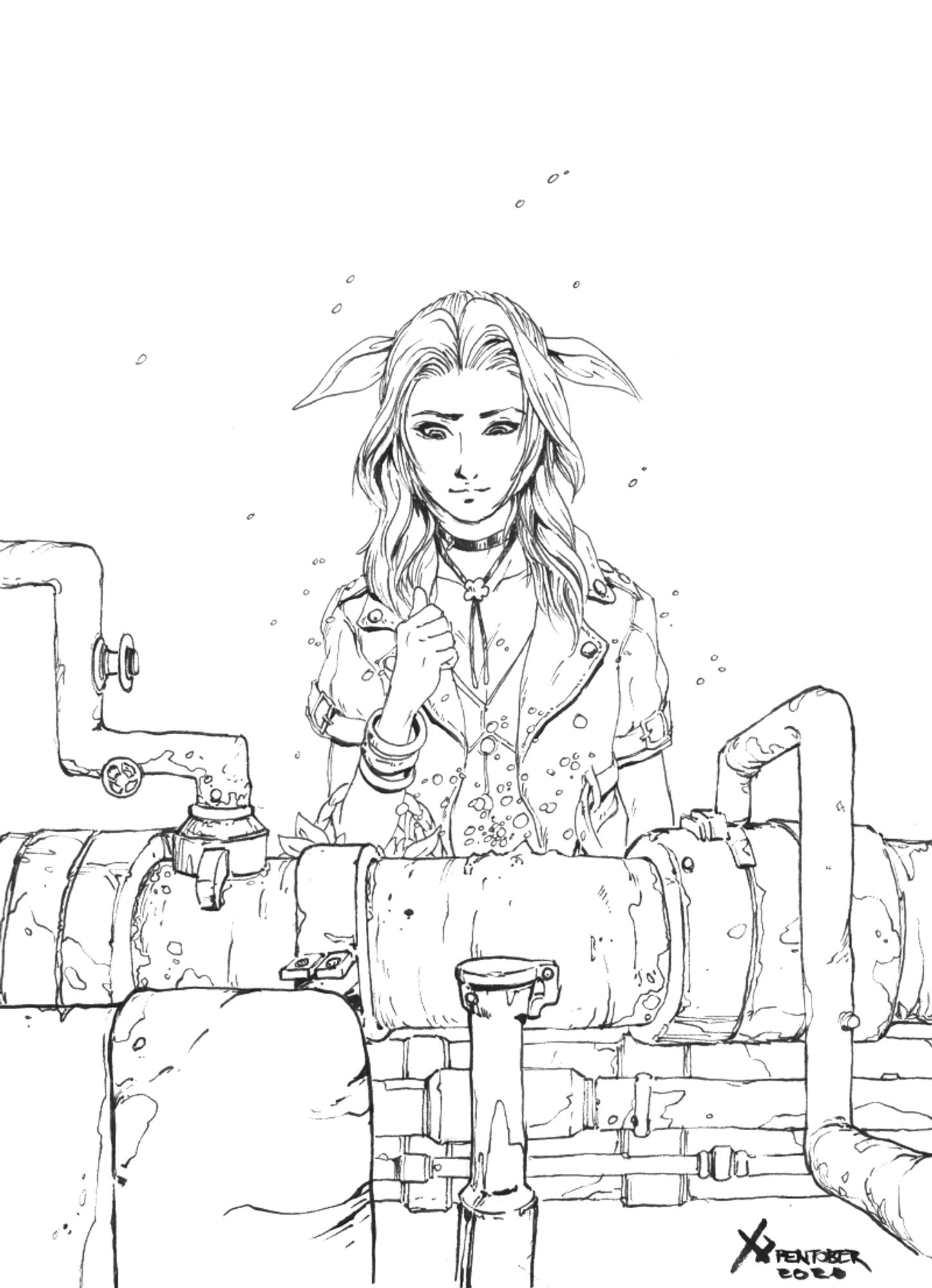 Inked sketch of Aerith noticing a small mako nature spring in Midgar