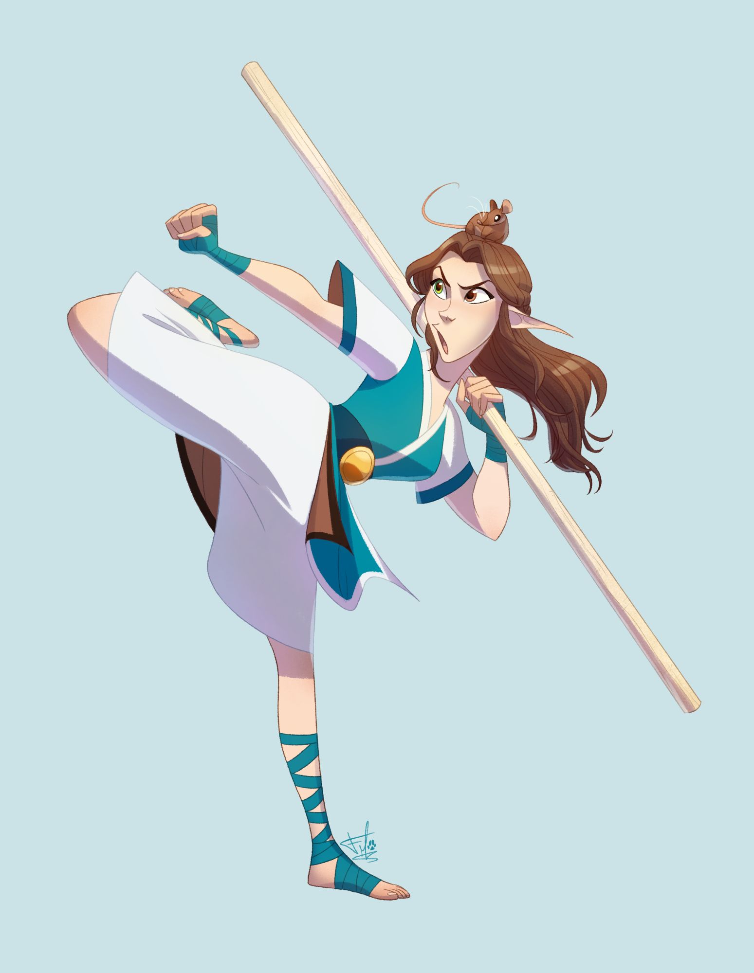 cartoon of female elf monk in martial arts gear throwing a high kick whilst wielding a quarterstaff. she has a mouse on her head.