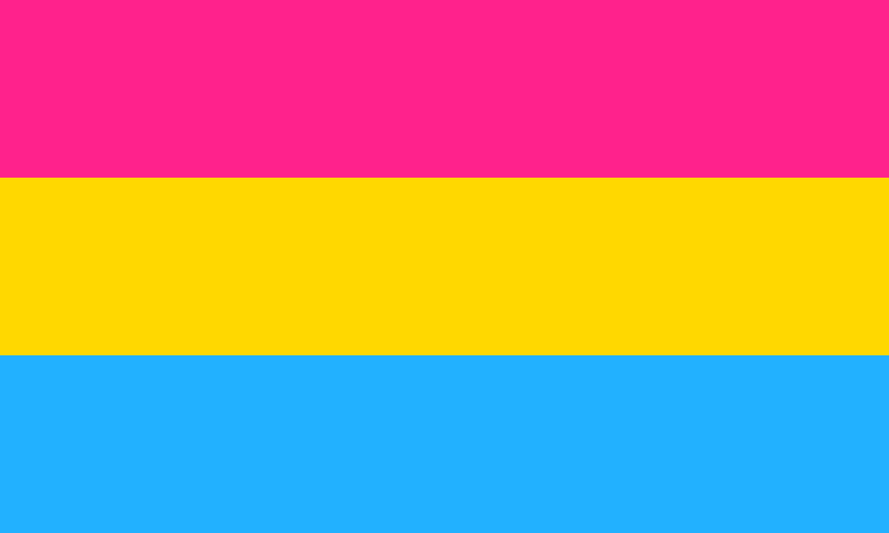 Pansexual pride flag made of 3 equal horizontal stripes of pink, yellow and blue. 