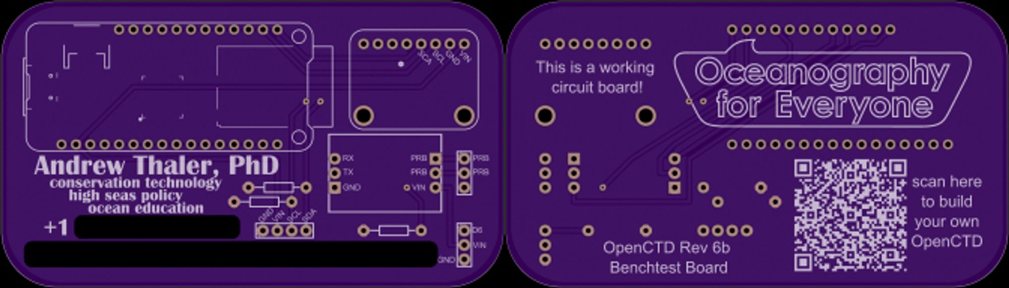 A purple business card shaped circuit board with the layout for an OpenCTD on it.