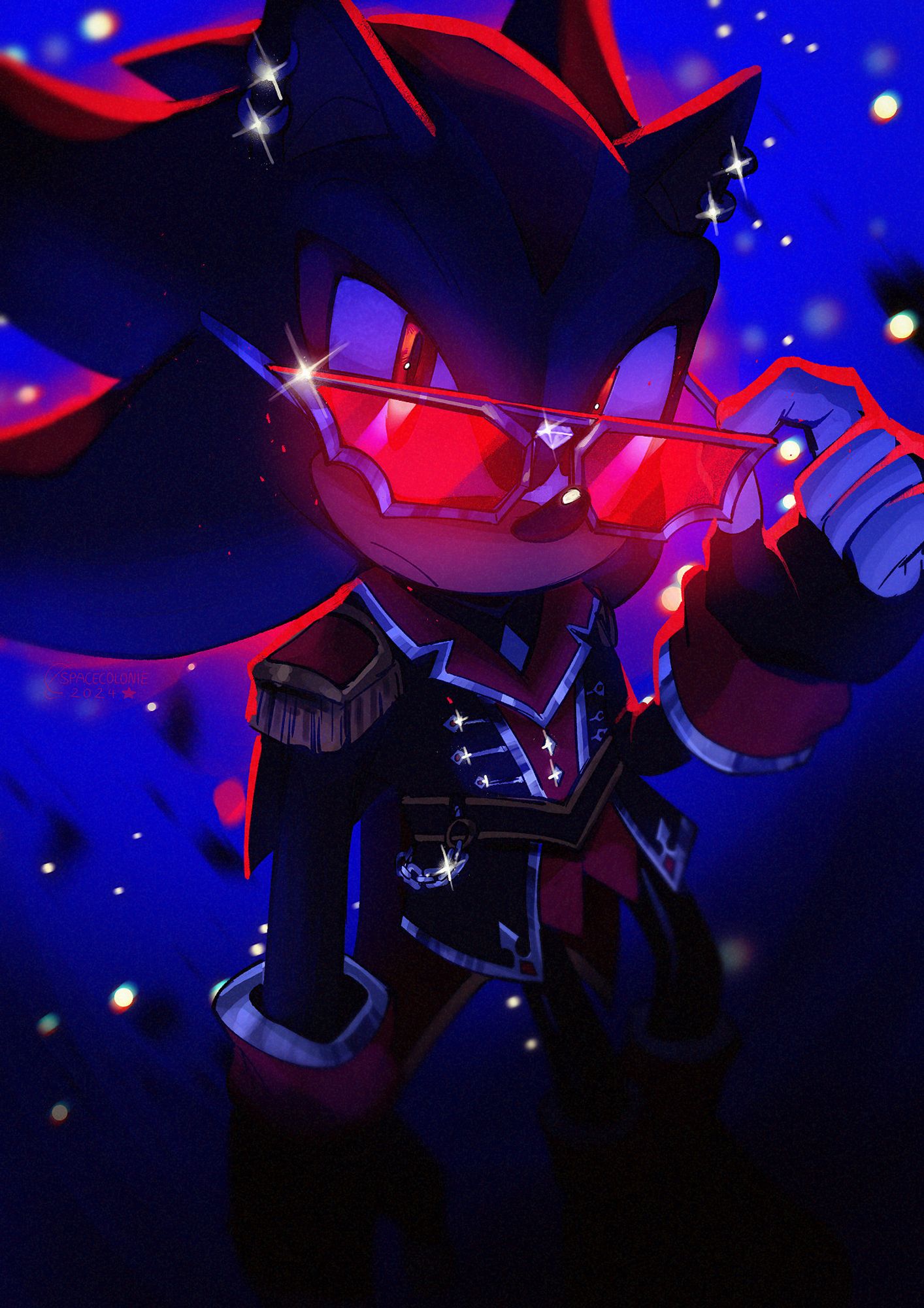 (my art) a painting of the idol shadow skin from Sonic Forces Speed Battle/Sonic Dash. He's looking at the viewer with his shades tilted down, the lenses of them glowing.