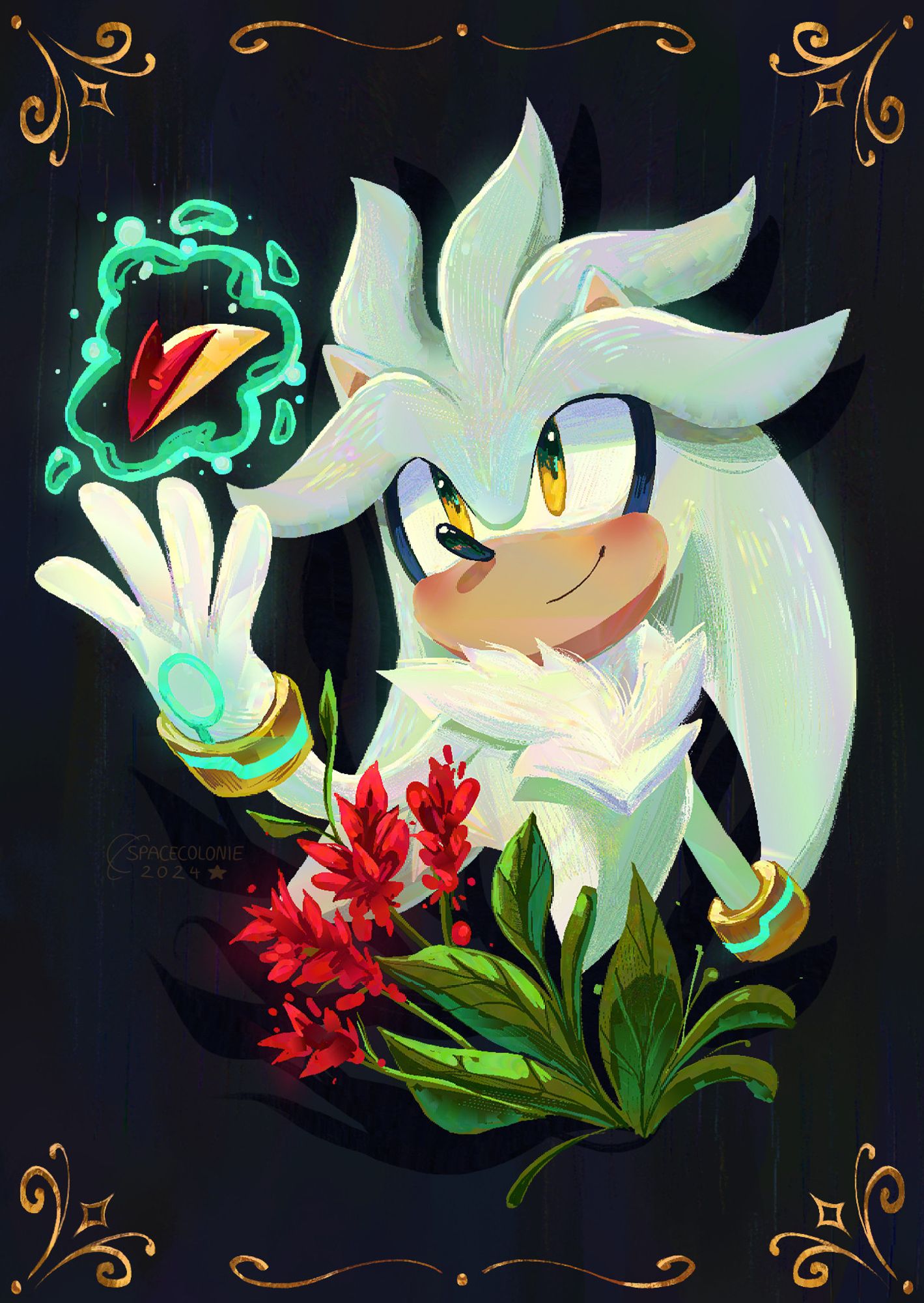 (my art) a painting of silver the hedgehog using his psychokinesis to hold up a sliced apple cut like a bunny.