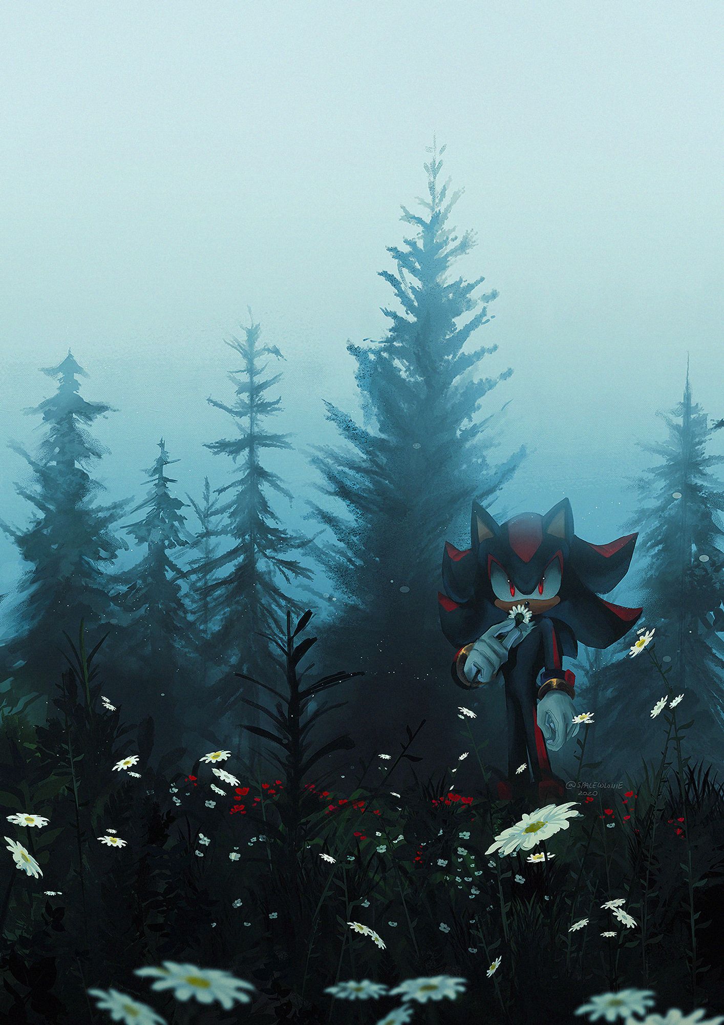 (my art) A painting from 2020 of shadow the hedgehog stood in a field of daisies & red wildflowers. The atmosphere is hazy, and he's staring directly at the viewer, his face hald hidden by a picked flower.