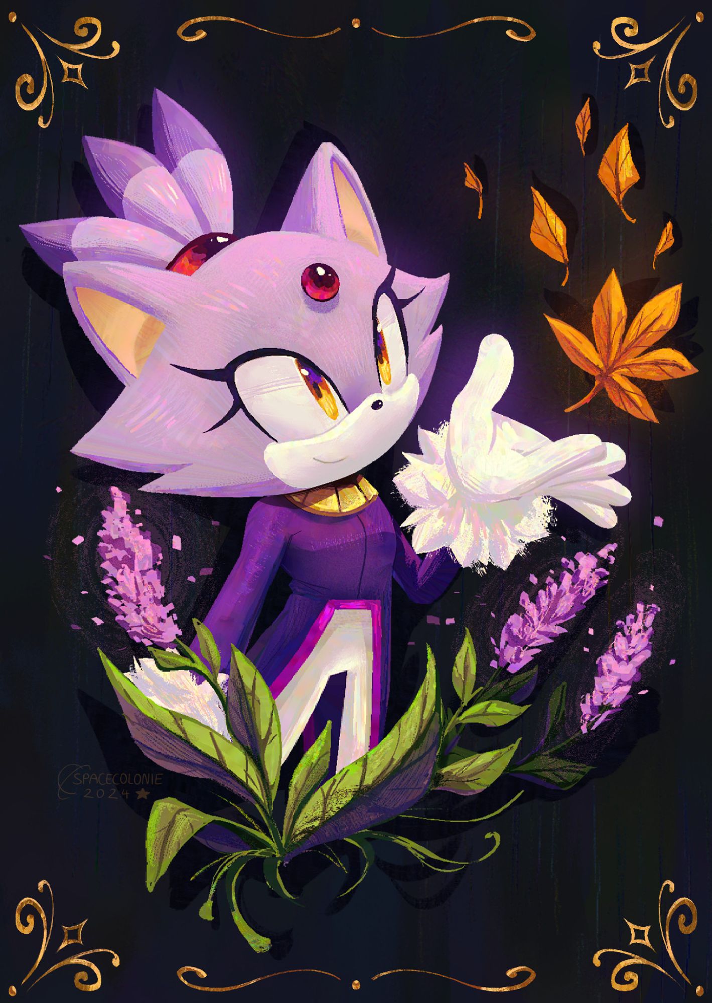 (my art) a painting of blaze the cat holding her hand out to a drifting maple leaf.