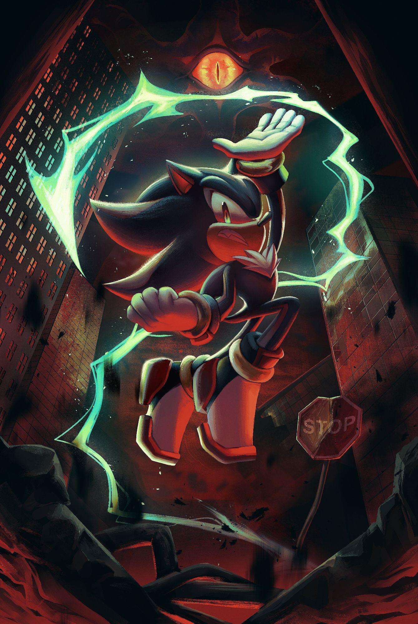 (my art) a painting of shadow the hedgehog. He's mid air, holding a huge chaos spear, with the ground cracking beneath him. Doom's eye lurks menacingly in the sky.