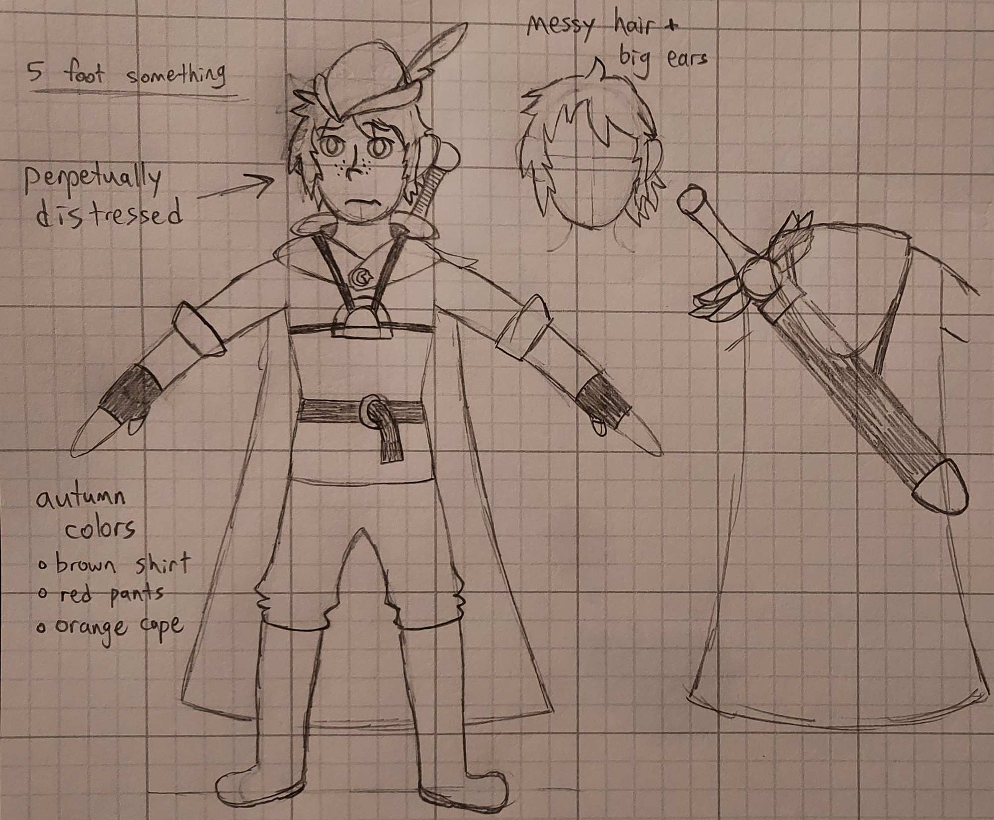 My OC, Hero Undergrove. It's a simple pencil sketch of his character design: he is a scrawny young man with a distressed look on his face, wearing medieval fantasy clothes including a simple shirt and pants, rough knee-high boots, a cape, and a Robin Hood-style hat. He also has a sword on his back, which is much more elegant than his clothes and features an angel-wing design on the guard.