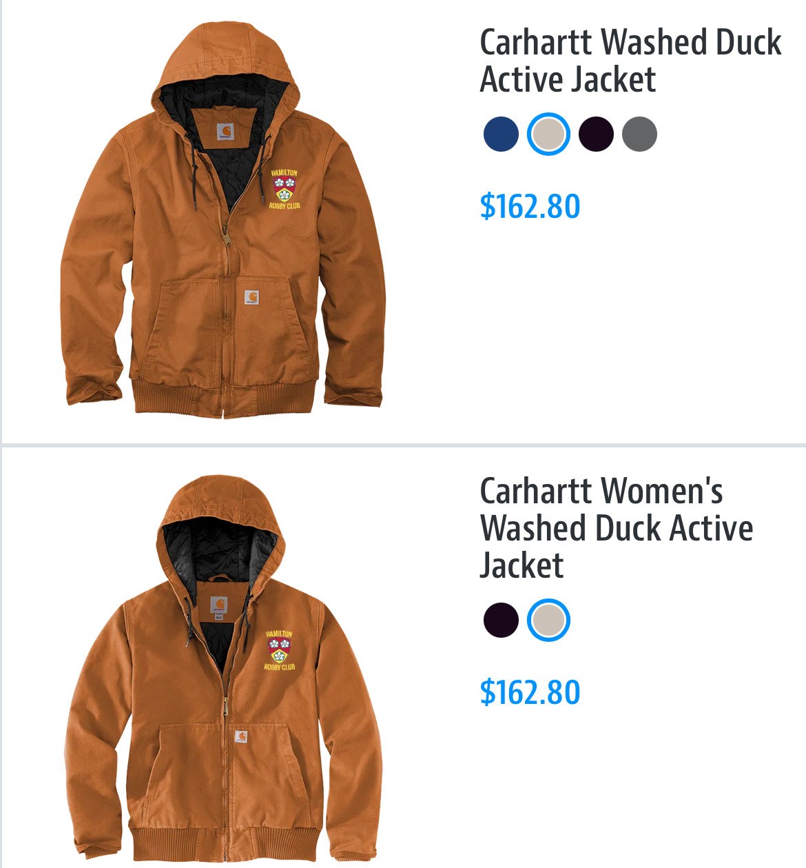 A men’s and women’s duck washed carhart jacket in the classic khaki color