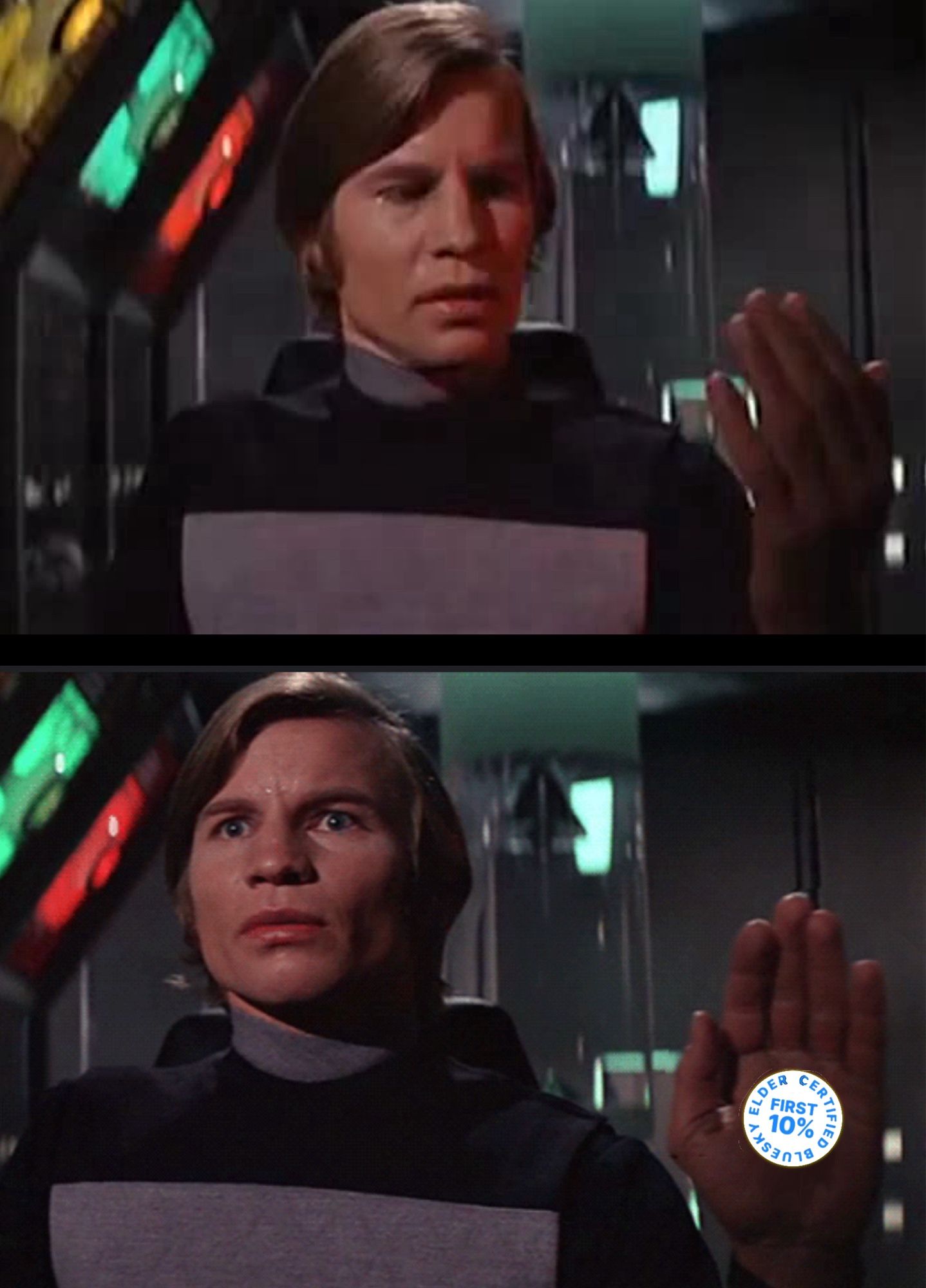 The scene from Logan’s run where he shows his hand crystal, but it’s the bluesky elder stamp