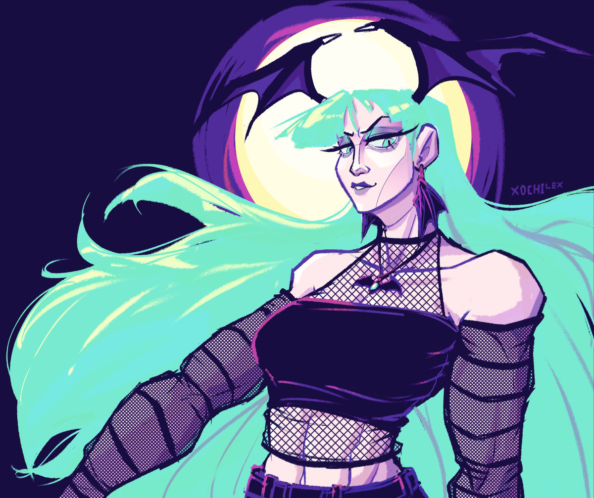 Illustration of Morrigan from Darkstalkers. She is wearing a black tube top with a shear top underneath. Her sleeves are also shear fabric. The moon shines behind her with unnatural pinks and purples. Her shiny green hair floats and covers much of the composition