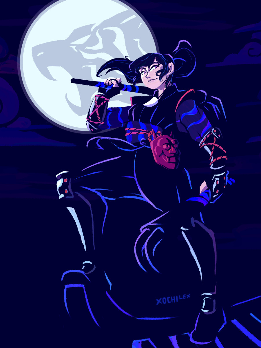 Illustration of Yuriko from Magic: the Gathering. She stands triumphantly on a rooftop. The moon is behind her, with a silhouette of a tiger's head. The illustration plays with negative space, such that Yuriko's hair and clothes blends into the darkness of the background.