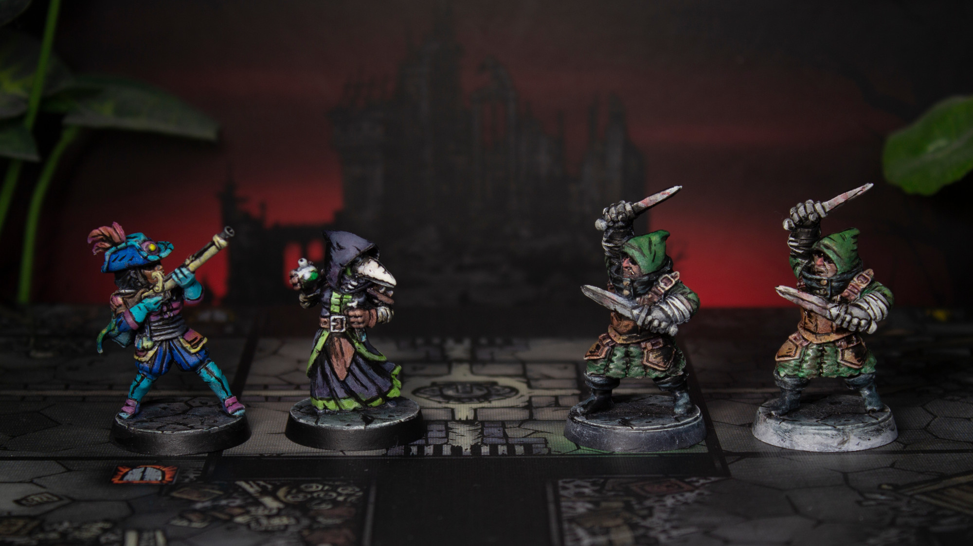 Photo of the musketeer and plague doctor on the left side, both facing two brigand miniatures on the right side. The brigands each hold two blades menacingly. All the figures sit on top of an illustrated tile from the board game.