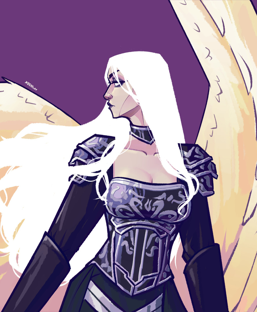 Illustration of Avacyn from MtG. The drawing is a half body of an angel facing to the left, so that her face is in full profile. She wears pauldrons and a breastplate of black metal, with black sleeves. Her flowing white hair is left as solid white and unrendered, starkly contrasting the rest of the illustration